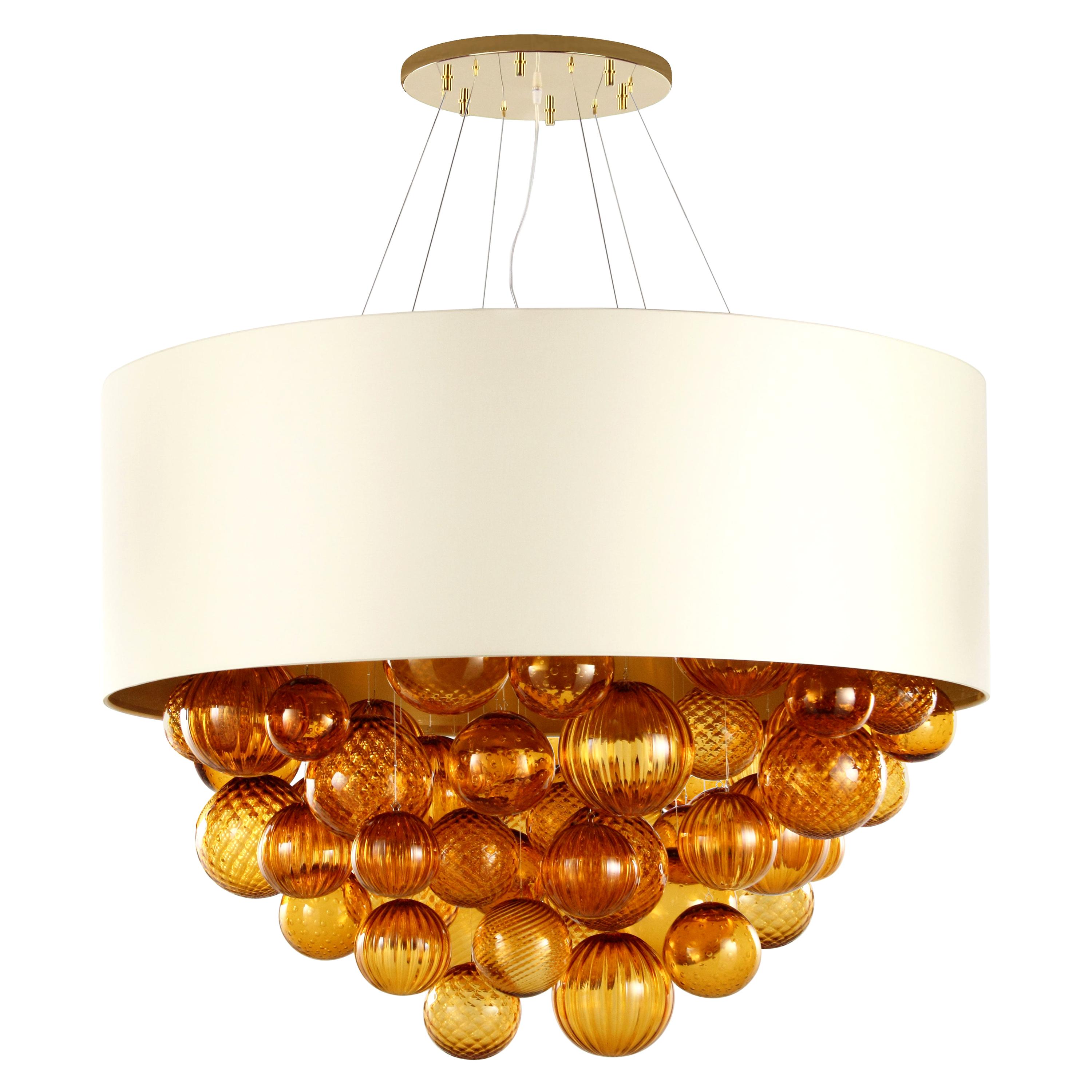 Large Artistic Suspension Lamp Amber Murano Glass, ivory Lampshade by Multiforme
