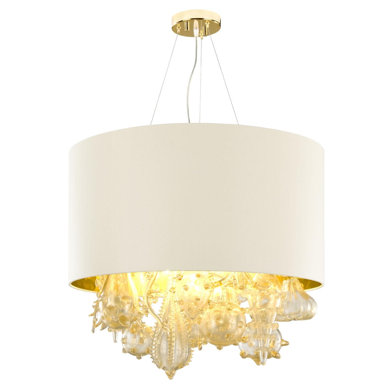 Other Artistic Suspension Lamp Gold leaf Glass elements, Ivory Lampshade by Multiforme For Sale