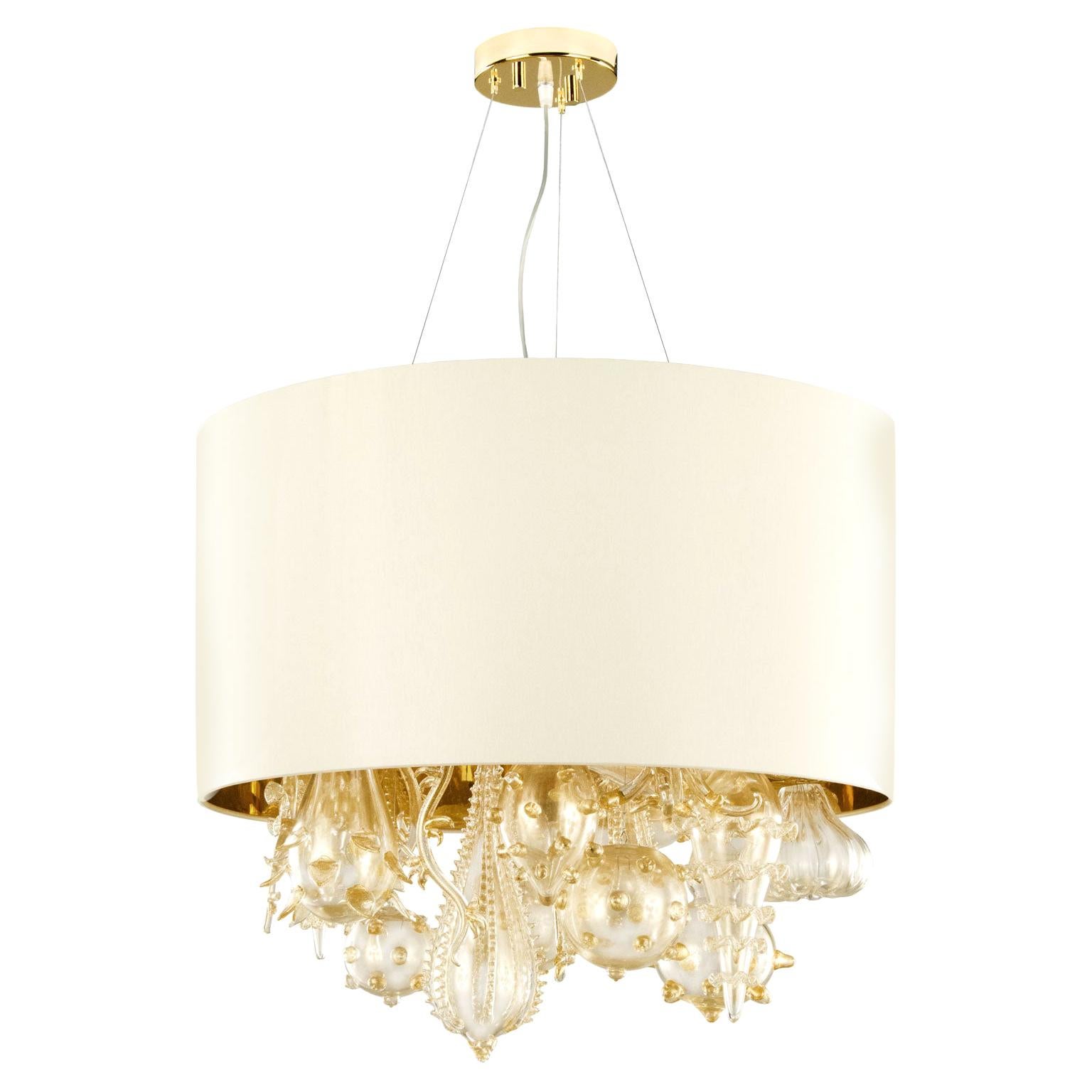 Artistic Suspension Lamp Gold leaf Glass elements, Ivory Lampshade by Multiforme For Sale