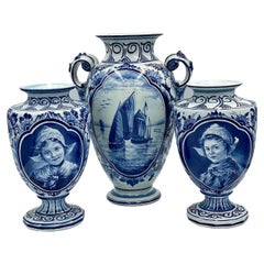 Absolutely Antique Blue Vases Delft Bonnie  Set Of Three, Germany, 1890-1900