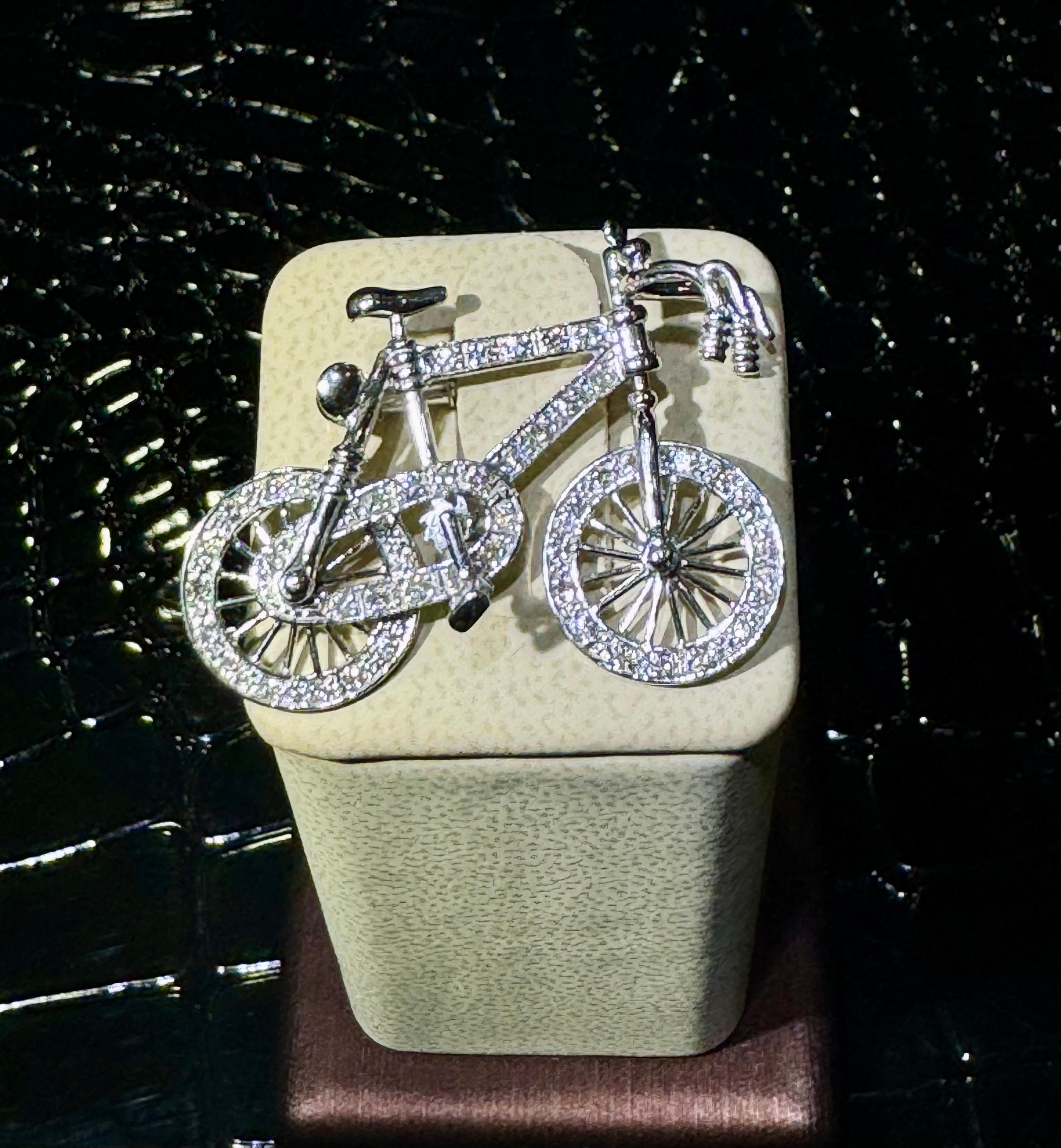 Round Cut Absolutely Incredible And Unique Diamond Bicycle Broach/Pin In 18k White Gold For Sale