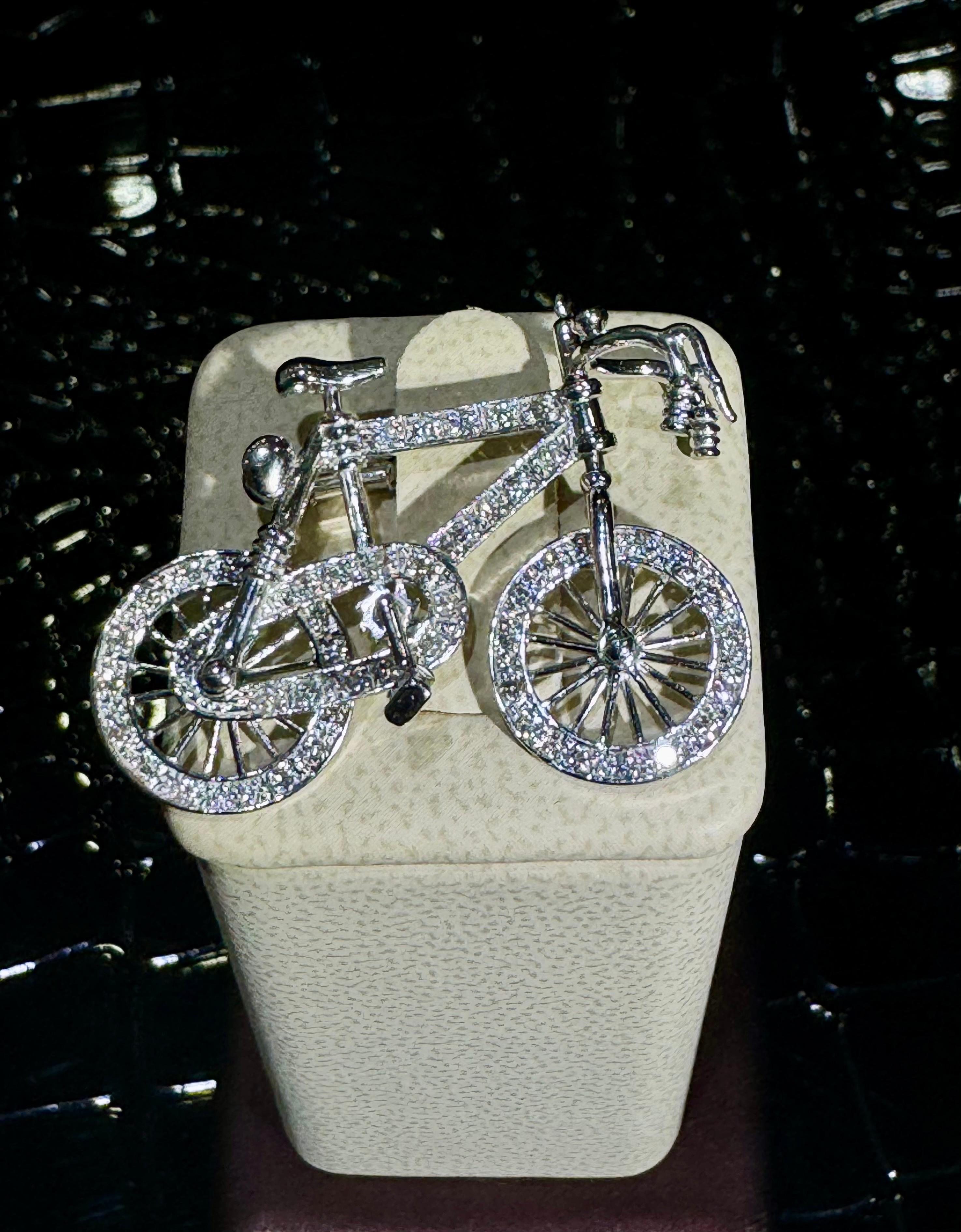 Women's or Men's Absolutely Incredible And Unique Diamond Bicycle Broach/Pin In 18k White Gold For Sale