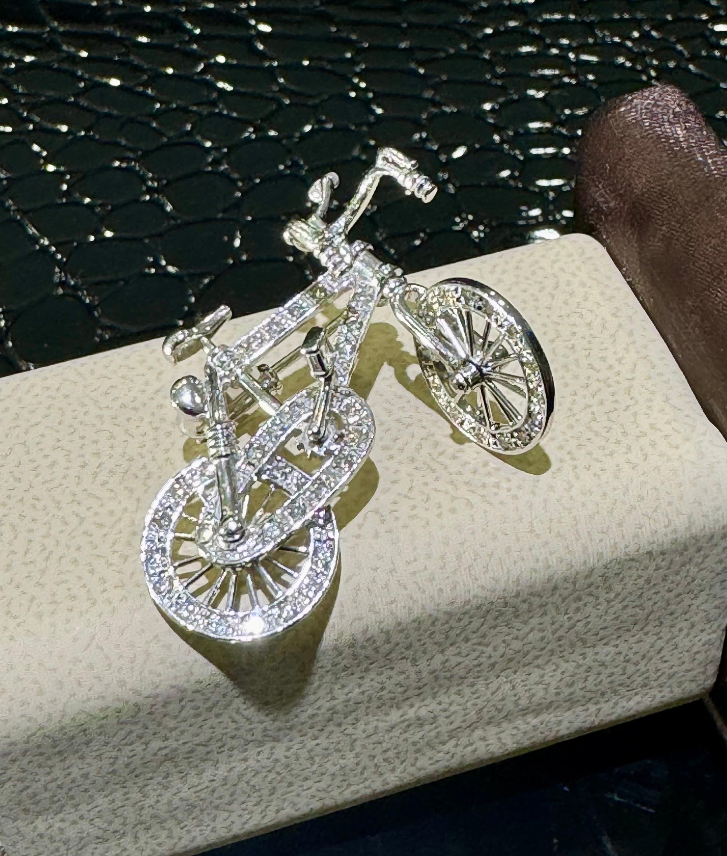 Absolutely Incredible And Unique Diamond Bicycle Broach/Pin In 18k White Gold For Sale 1