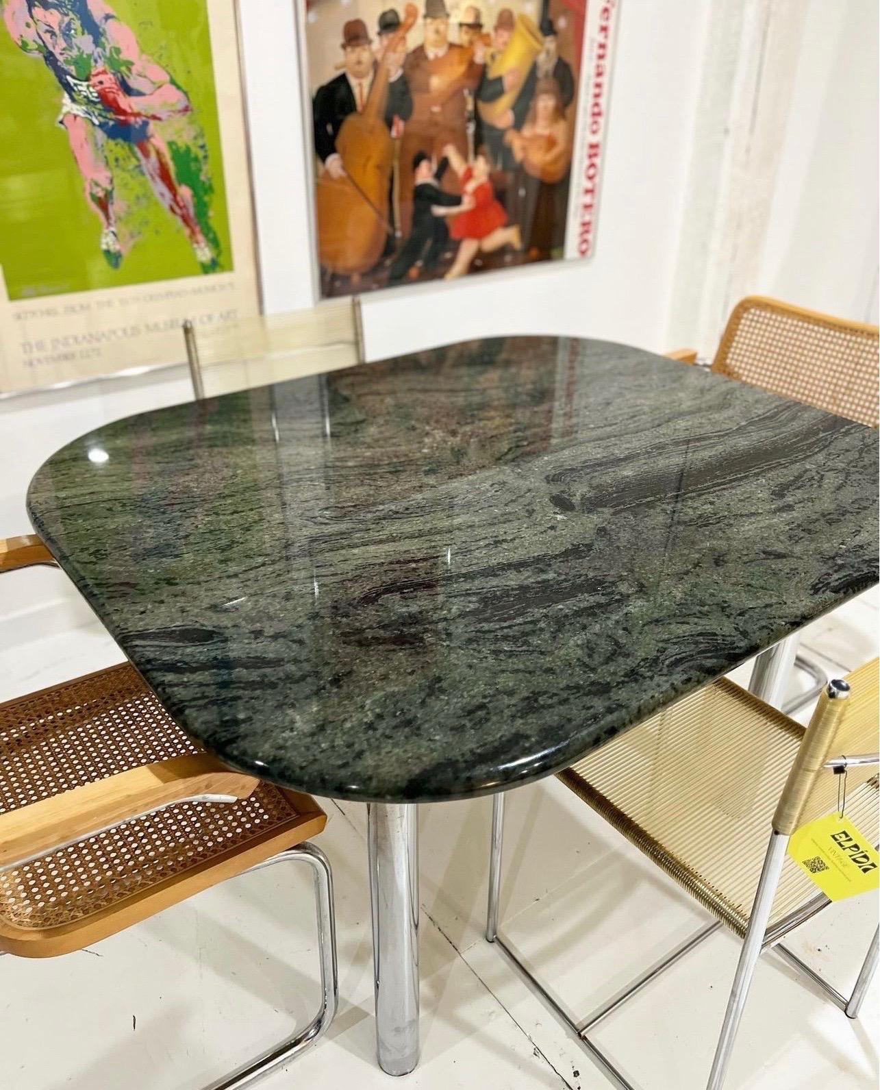 American Absolutely Stunning Custom Post Modern Chrome & Green Marble Dining Table For Sale