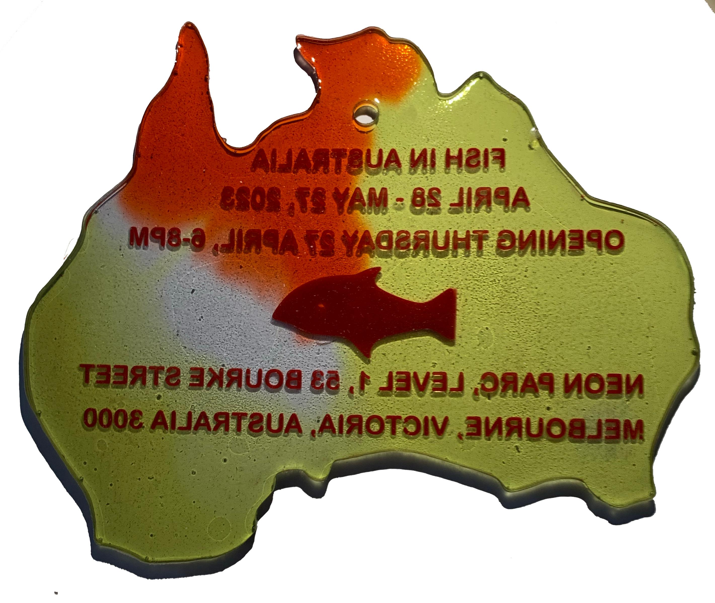 We've shown you the oldest of the Pesce resin invitations and now here's one of the newest: Fish In Australia. Created in the shape of that faraway continent, this largely red and yellow invitation features a red fish applied to its center. The