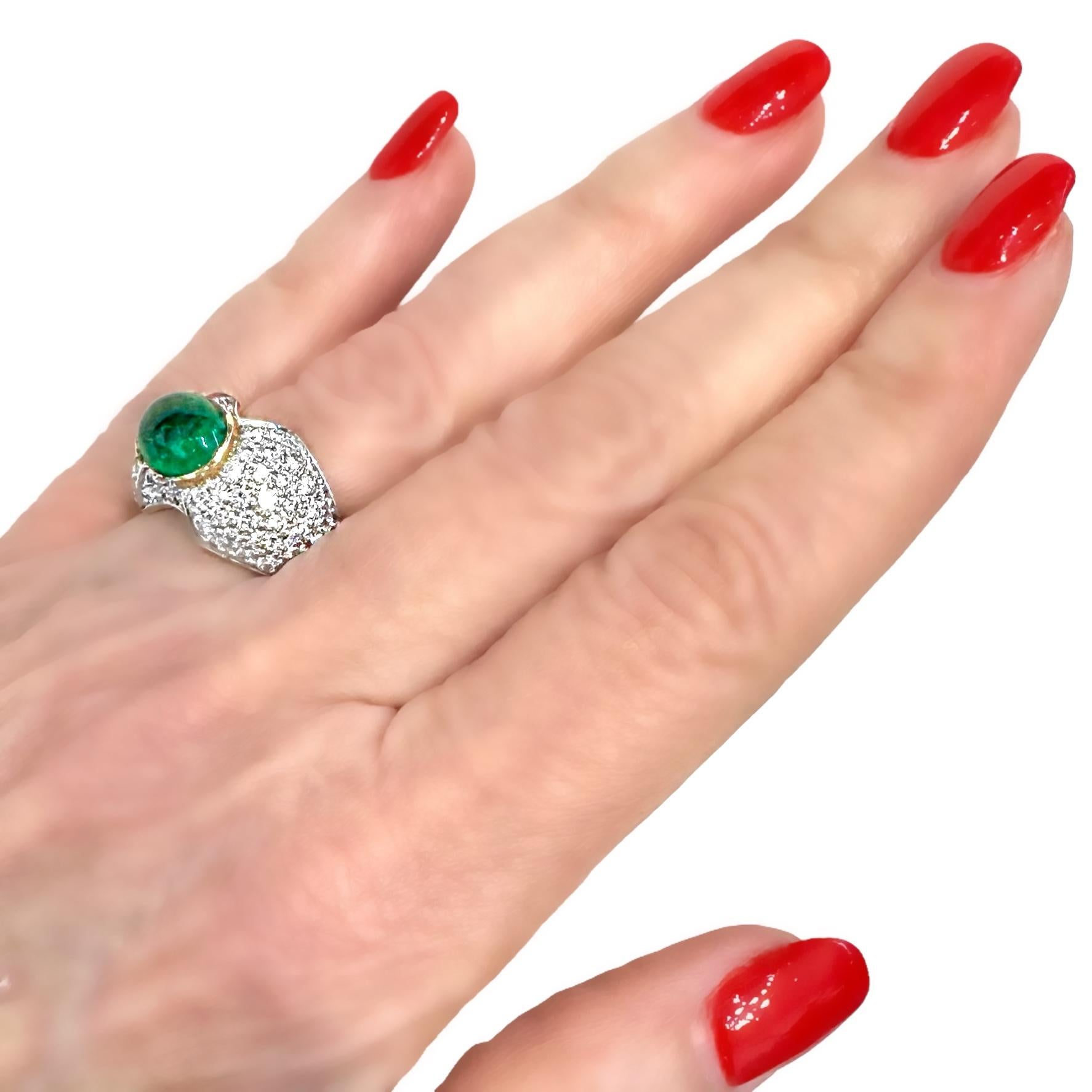 Absolutely Verdant Colombian Emerald Cabochon Set in Gold Pave Diamond Dome Ring For Sale 5