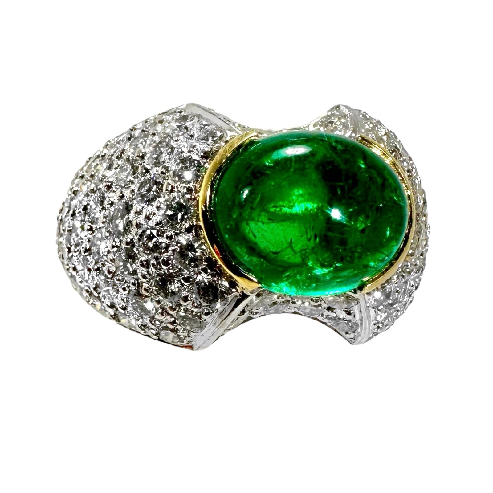 Modern Absolutely Verdant Colombian Emerald Cabochon Set in Gold Pave Diamond Dome Ring For Sale
