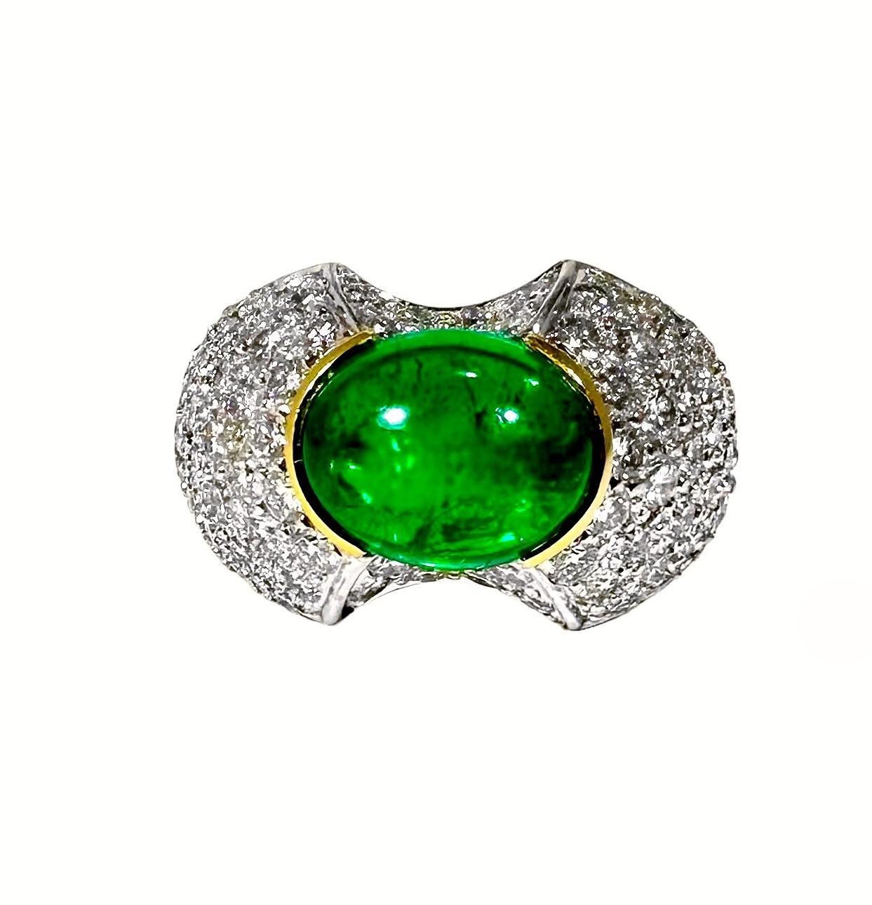 Absolutely Verdant Colombian Emerald Cabochon Set in Gold Pave Diamond Dome Ring In Good Condition For Sale In Palm Beach, FL