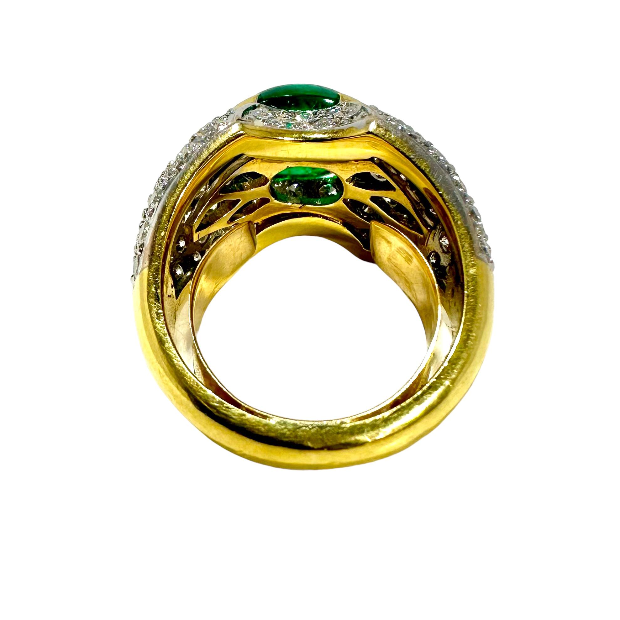 Absolutely Verdant Colombian Emerald Cabochon Set in Gold Pave Diamond Dome Ring For Sale 1