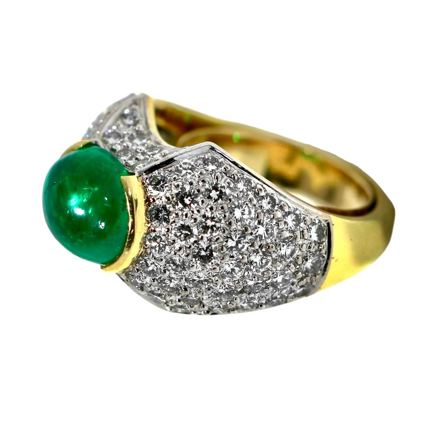 Absolutely Verdant Colombian Emerald Cabochon Set in Gold Pave Diamond Dome Ring For Sale 2