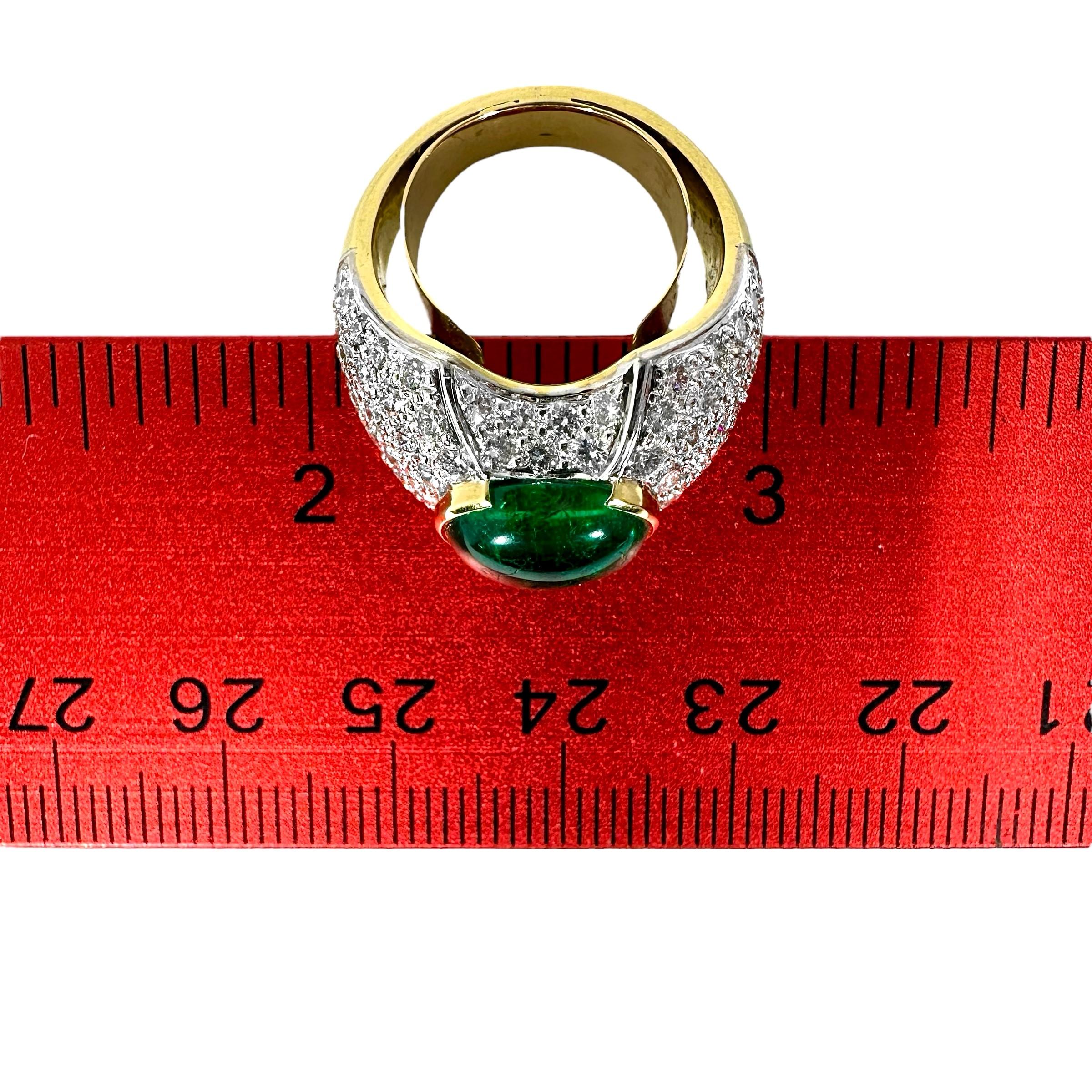Absolutely Verdant Colombian Emerald Cabochon Set in Gold Pave Diamond Dome Ring For Sale 3