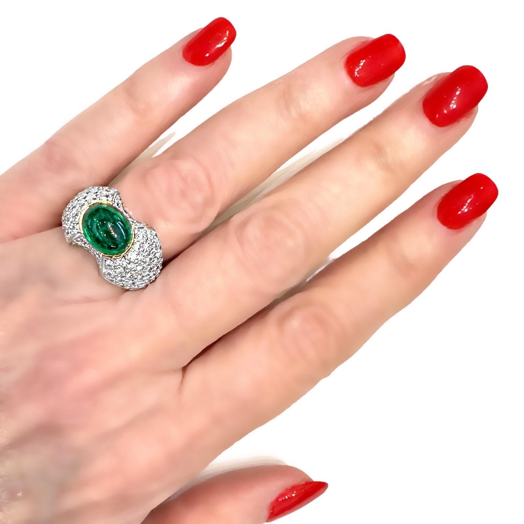 Absolutely Verdant Colombian Emerald Cabochon Set in Gold Pave Diamond Dome Ring For Sale 4