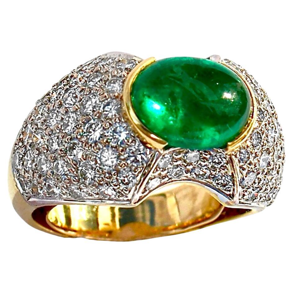 Absolutely Verdant Colombian Emerald Cabochon Set in Gold Pave Diamond Dome Ring For Sale