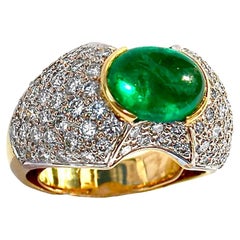 Absolutely Verdant Colombian Emerald Cabochon Set in Gold Pave Diamond Dome Ring