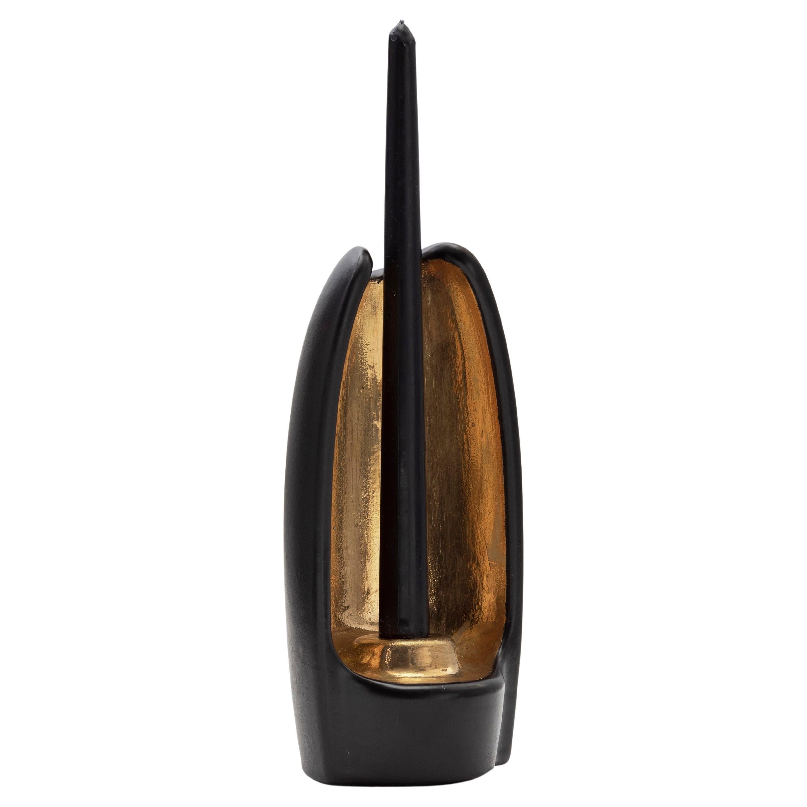 ABSOLUTO Portavelas Decorativo de Cerámica en Esmalte Negro con Detalles en Brillo Dorado