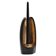 ABSOLUTO Portavelas Decorativo de Cerámica en Esmalte Negro con Detalles en Brillo Dorado