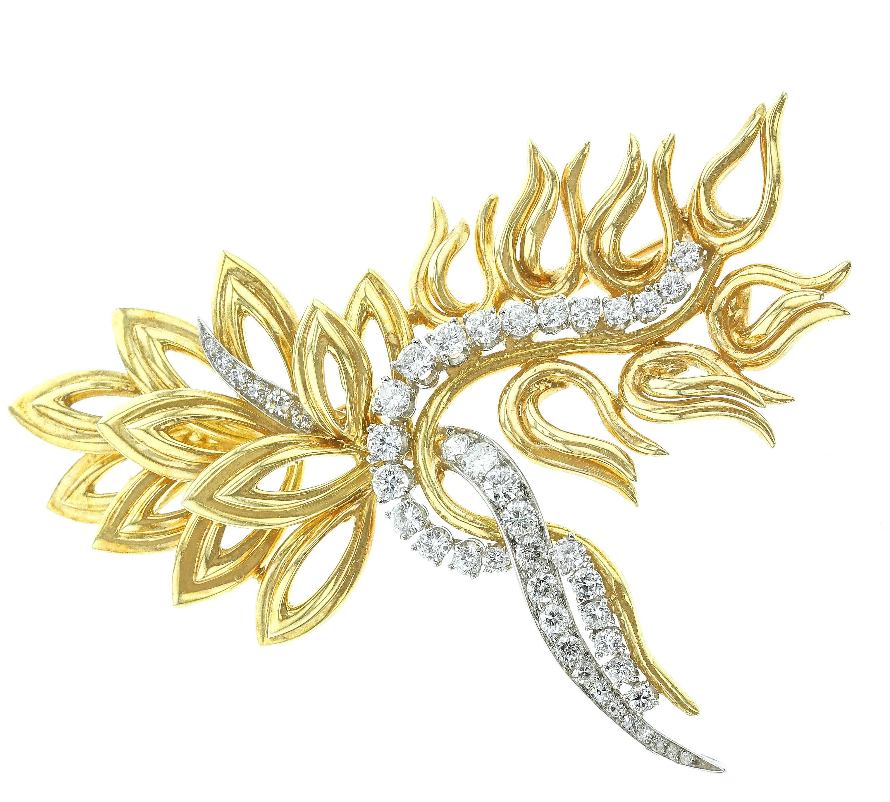 Round Cut Abstract 18 Karat Yellow Gold, Platinum and Diamond Pin Retailed, Harry Winston For Sale