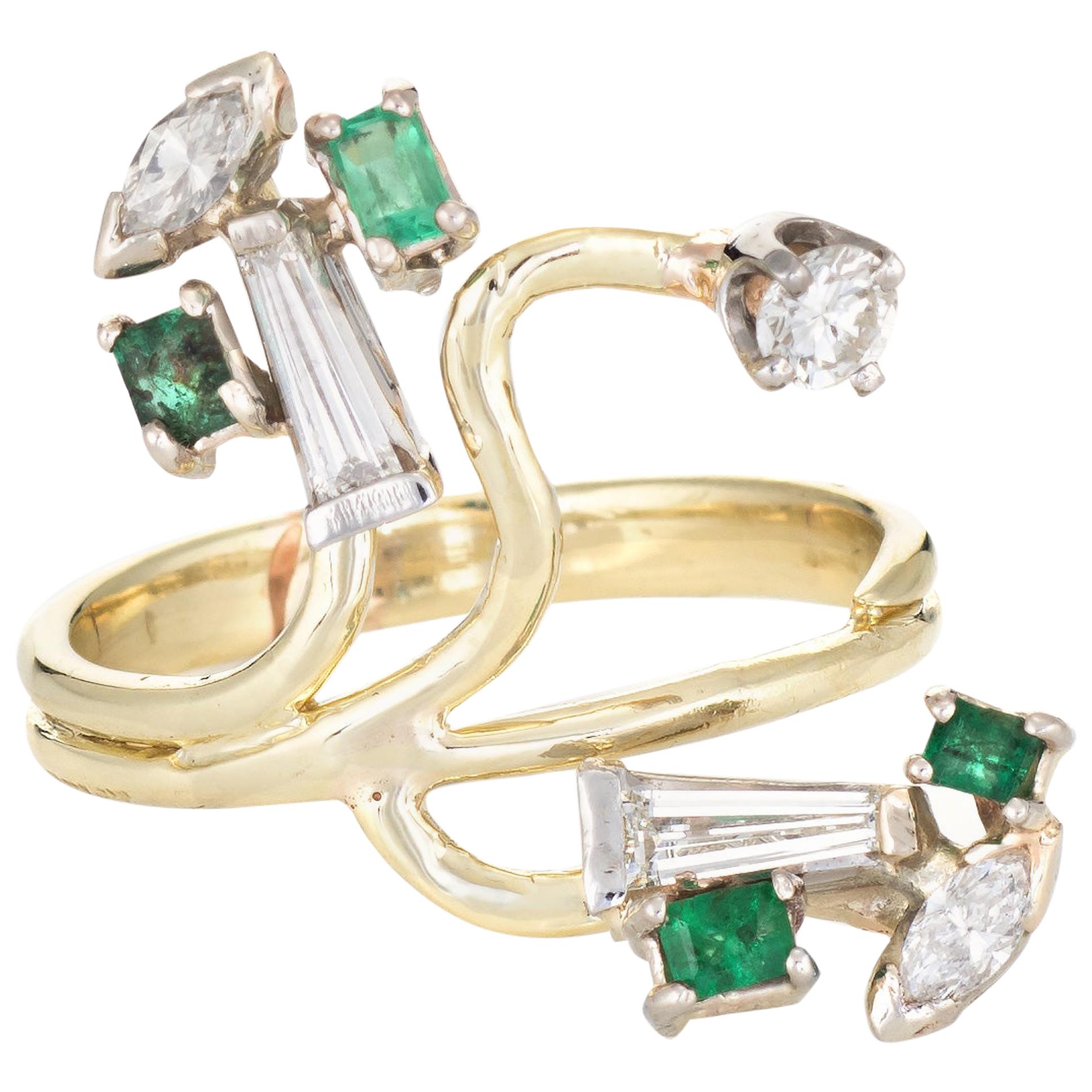 Abstract 1960s Diamond Emerald Ring 14 Karat Gold Organic Branch Vintage Jewelry