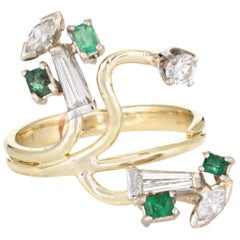 Abstract 1960s Diamond Emerald Ring 14 Karat Gold Organic Branch Vintage Jewelry