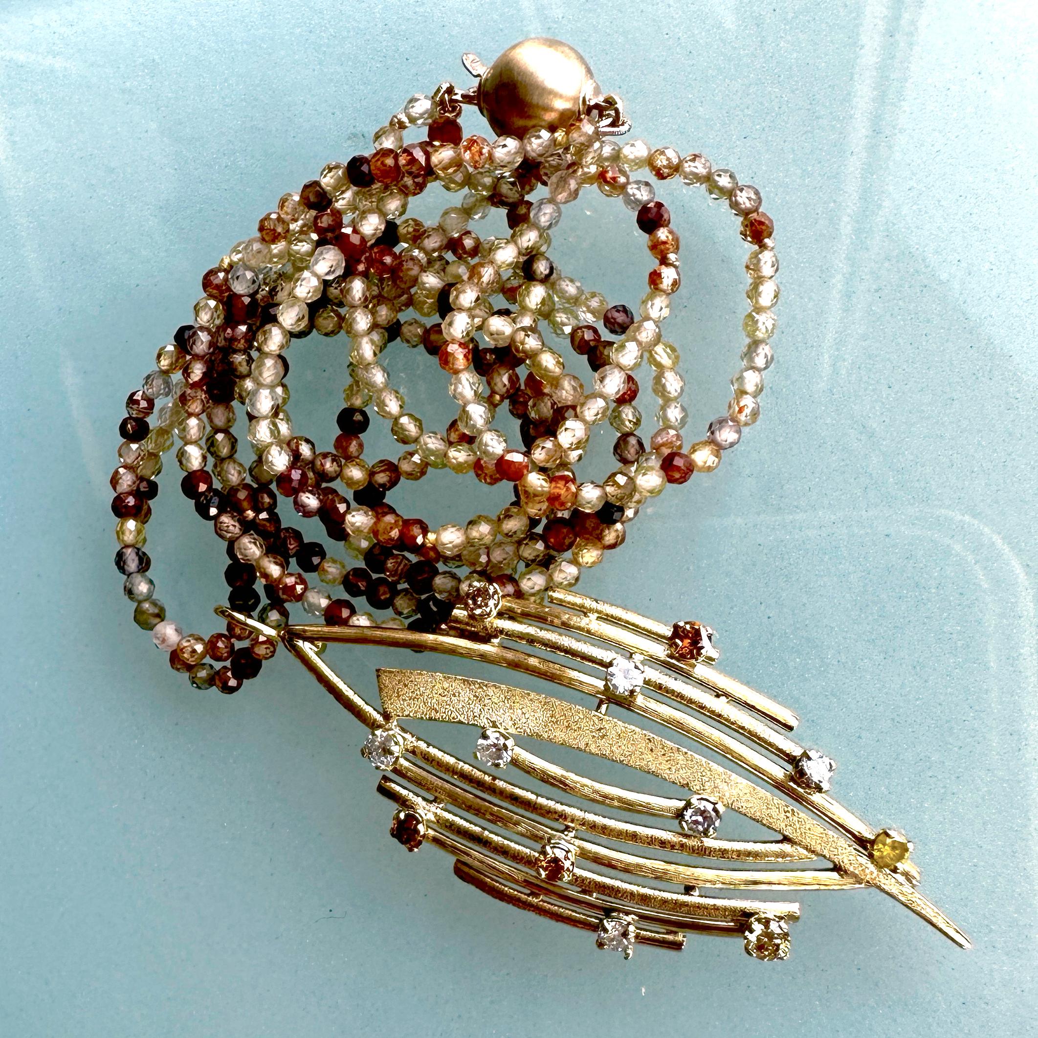 Abstract 1970's Leaf Pendant in Yellow Gold with White, Yellow & Brown Diamonds For Sale 4