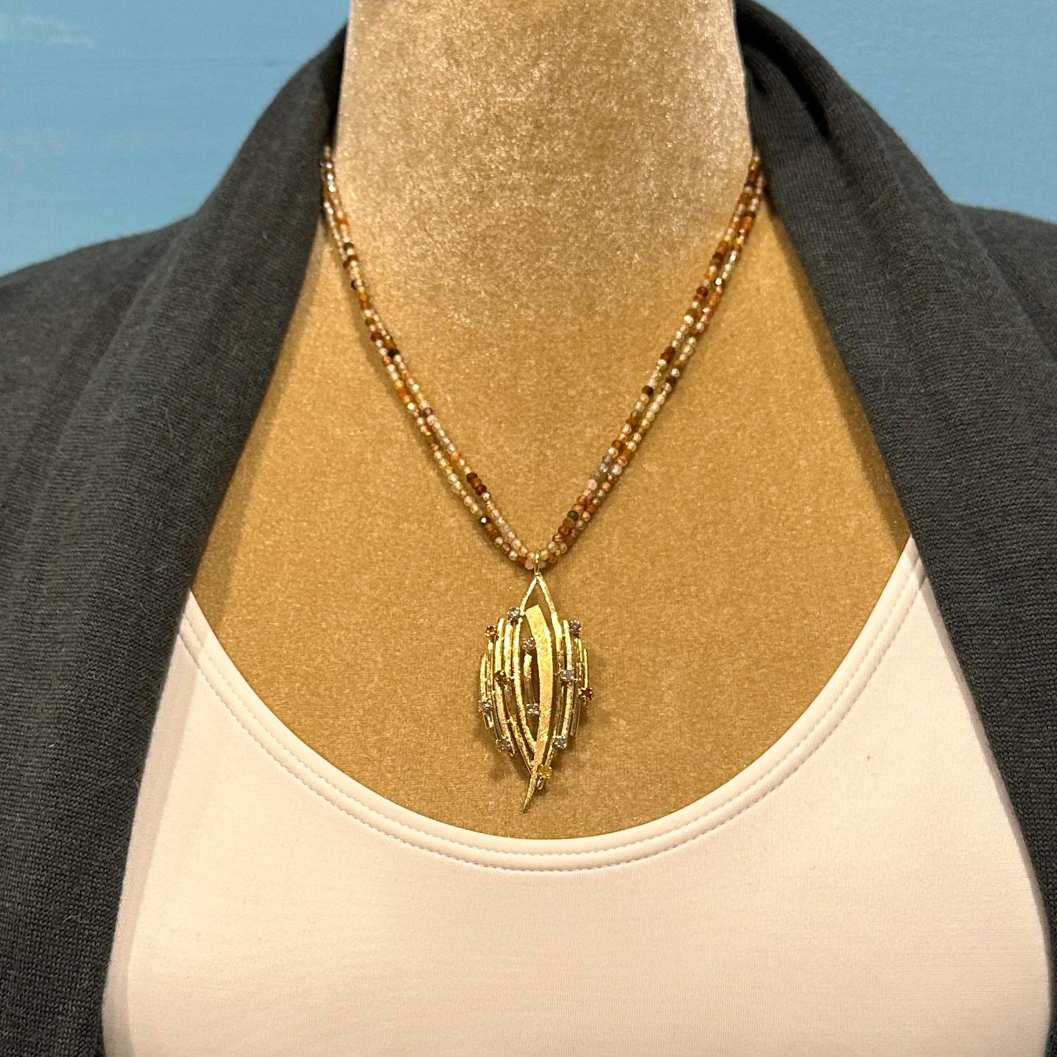 Abstract 1970's Leaf Pendant in Yellow Gold with White, Yellow & Brown Diamonds For Sale 5
