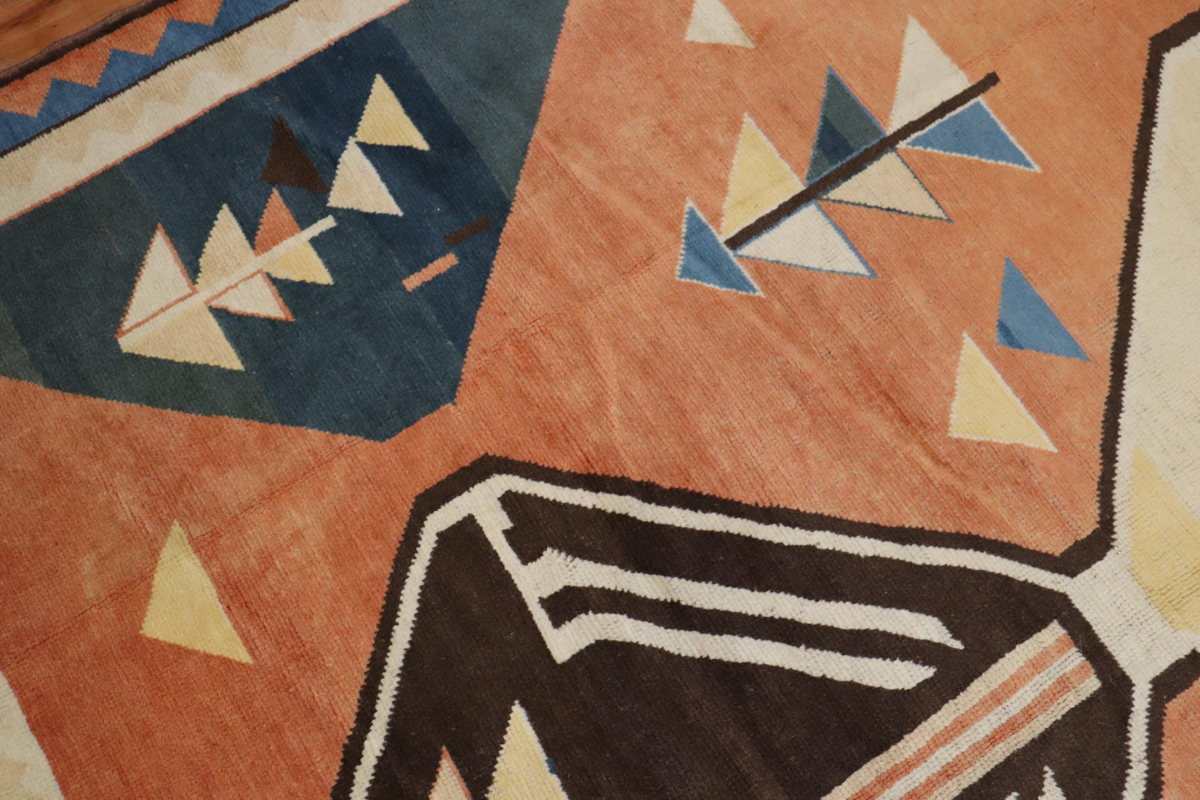 Hand-Woven Abstract 20th Century Turkish Geometric Deco Persian Gabbeh Inspired Carpet