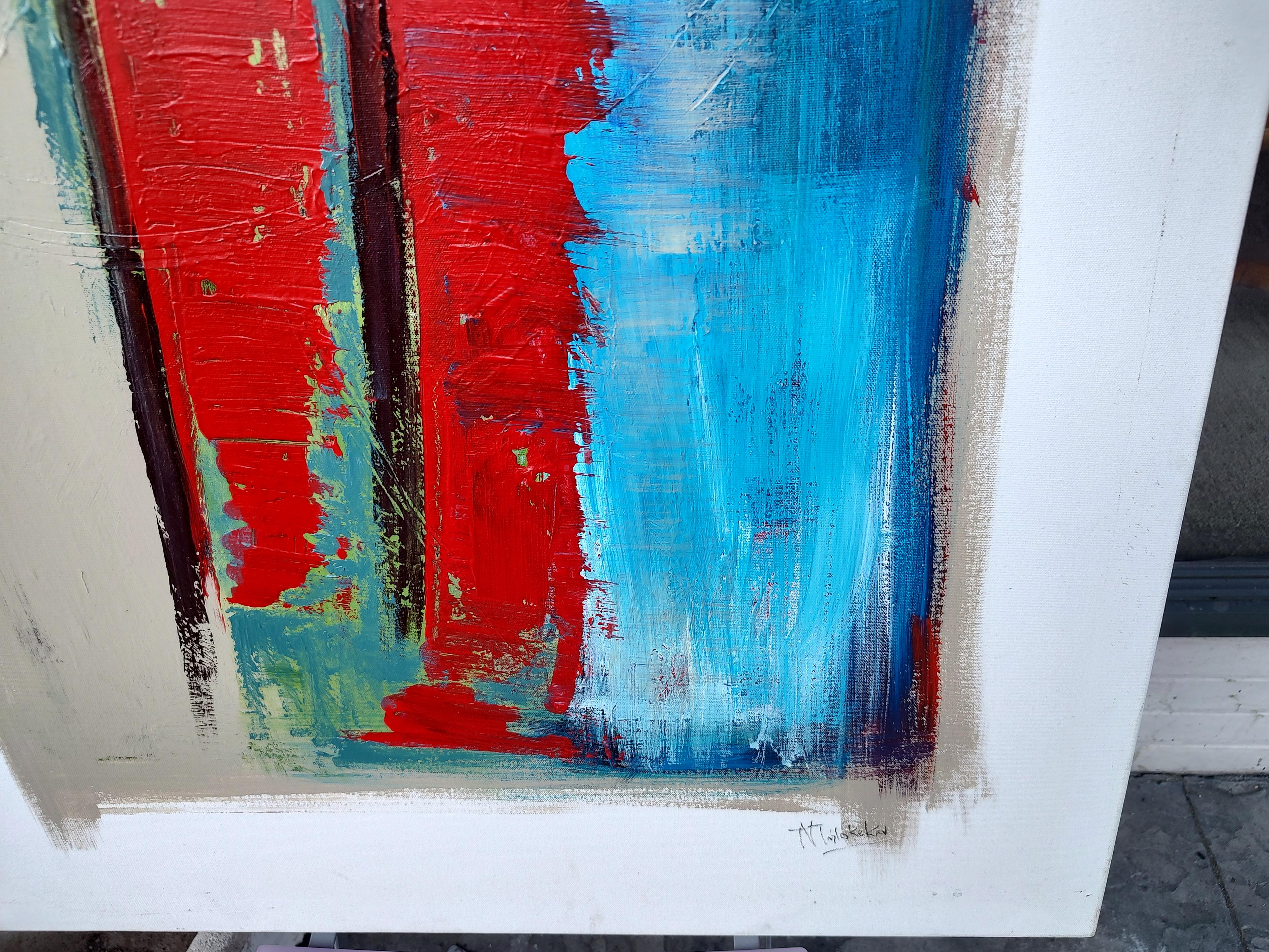 Fabuleuse et colorée huile abstraite sur toile de ce qui me semble être Milo Kekav ou Kovacs. Bien exécuté avec des rouges et des bleus vifs, il peint parfois sur du ruban adhésif pour donner de la texture et de l'effet. Donne une large bordure