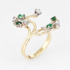 Abstract 1960s Diamond Emerald Ring 14 Karat Gold Organic Branch Vintage Jewelry