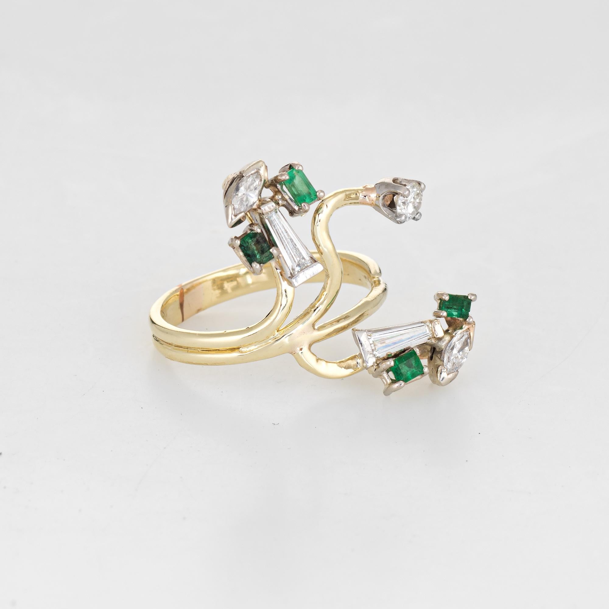 Modern Abstract 1960s Diamond Emerald Ring 14 Karat Gold Organic Branch Vintage Jewelry