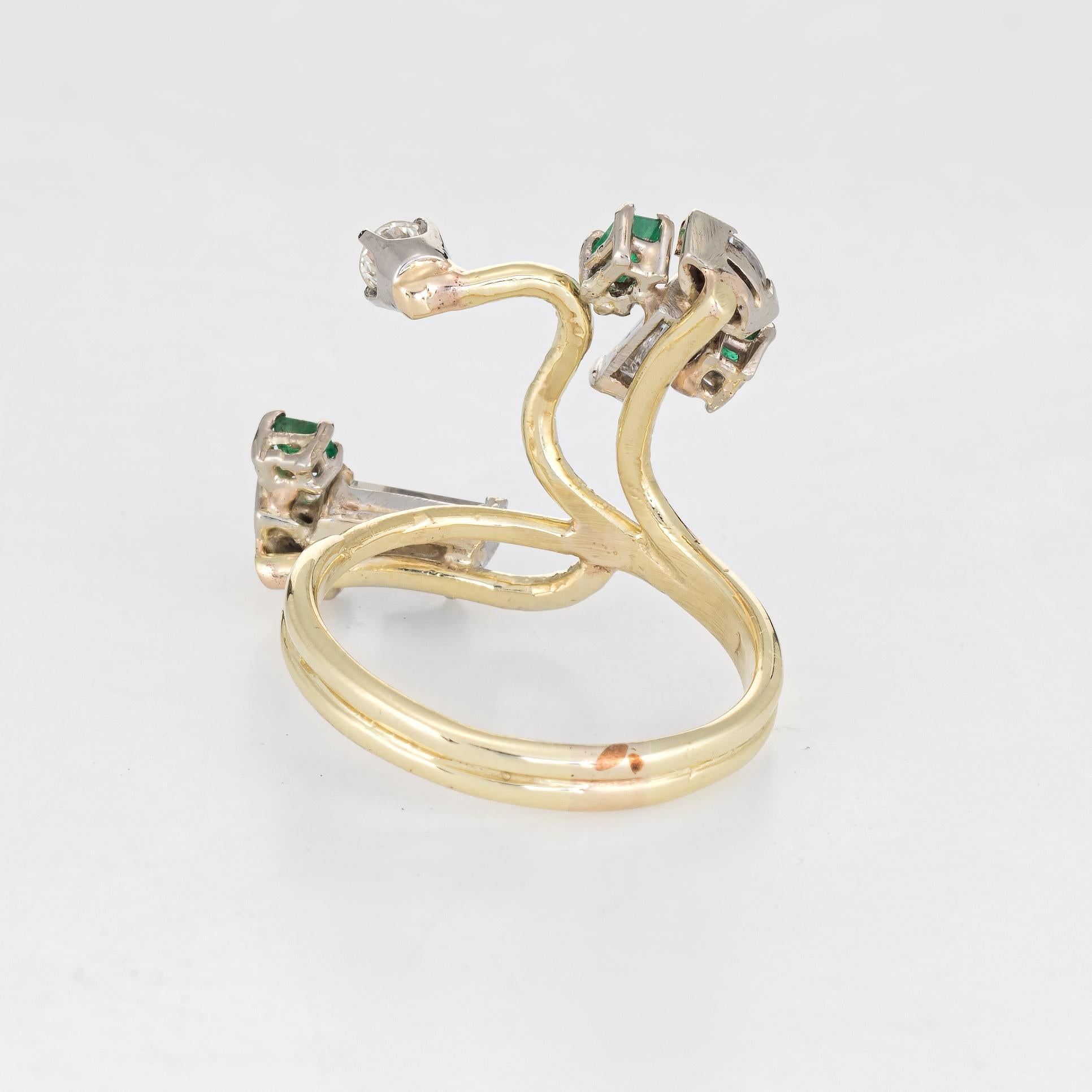 Abstract 1960s Diamond Emerald Ring 14 Karat Gold Organic Branch Vintage Jewelry In Excellent Condition In Torrance, CA