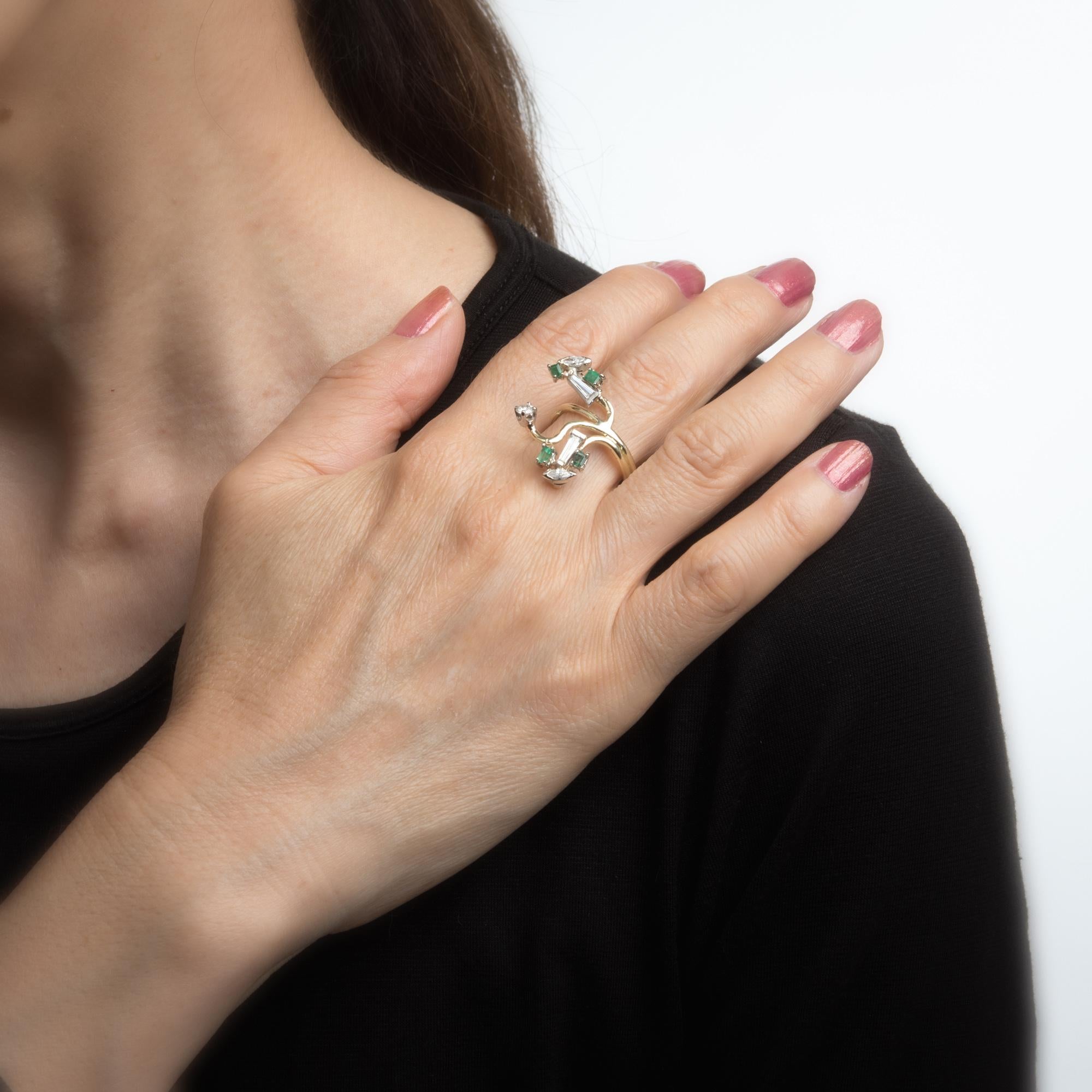 Women's Abstract 1960s Diamond Emerald Ring 14 Karat Gold Organic Branch Vintage Jewelry