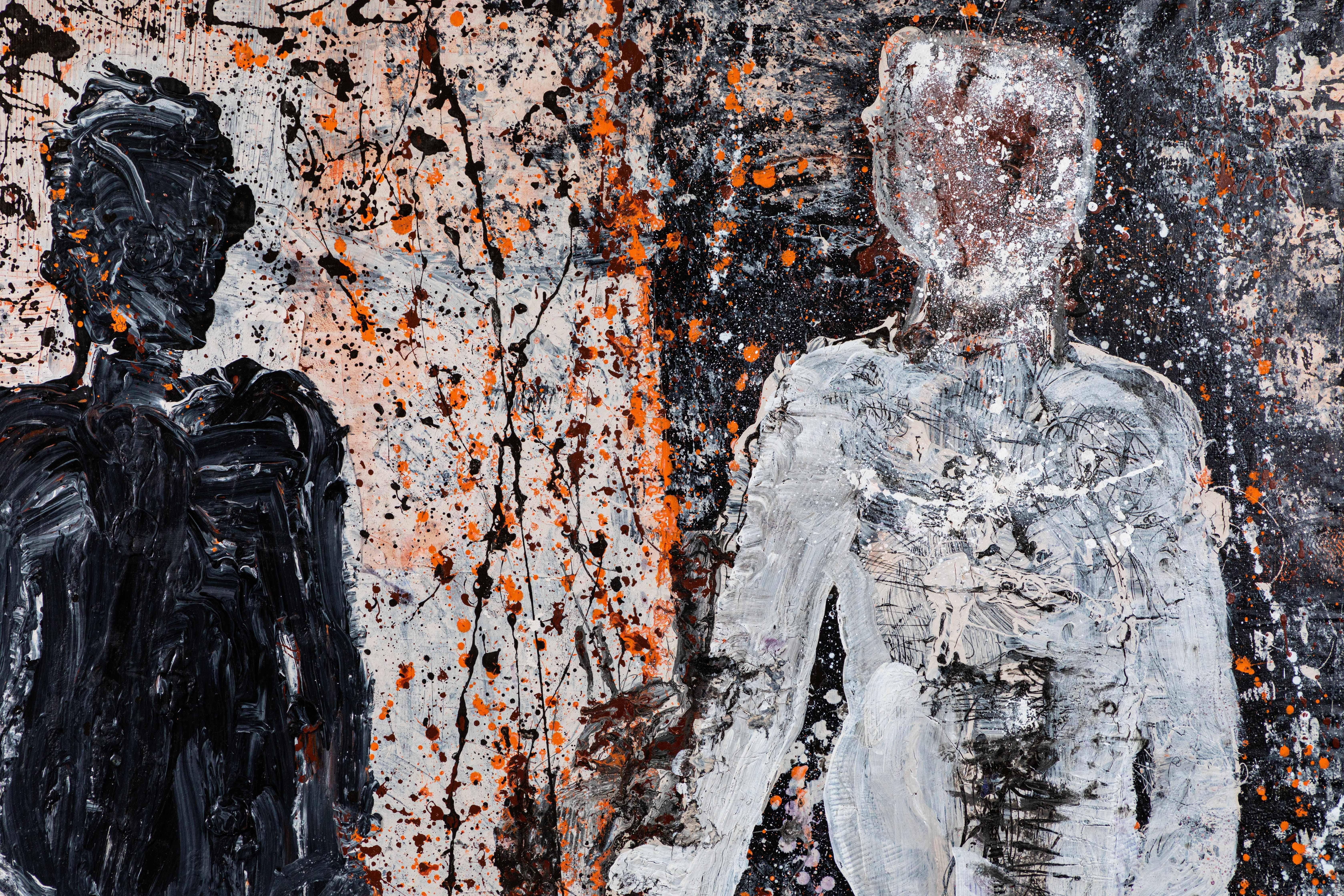 Large abstract acrylic on canvas by well-known Palm Springs base artist, Christopher Shoemaker. Dominated by two large human forms the painting has been done with a spatter painted styled in black, white, orange and oxblood colors.