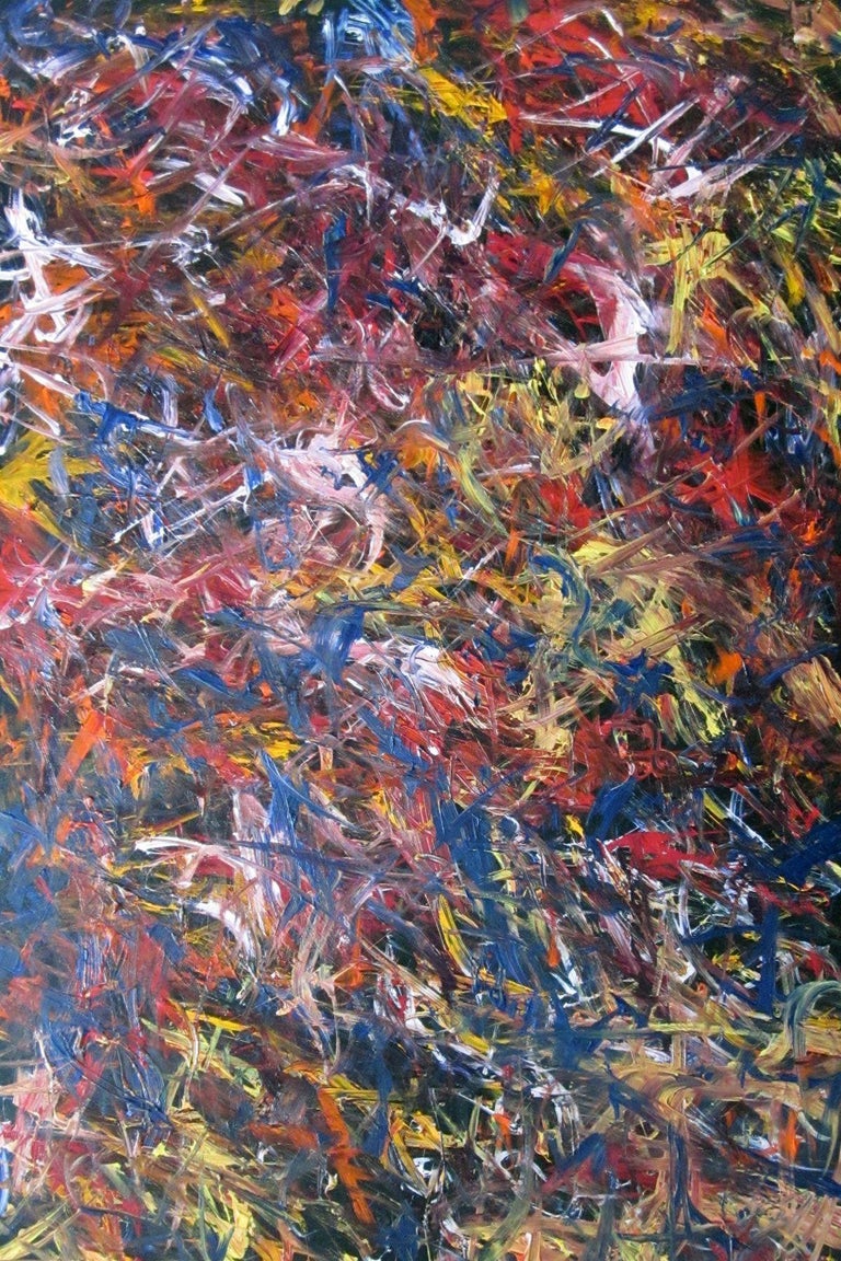 Abstract acrylic on canvas painting. Signed: Alexander Hecht, titled “Tireless Defender” and dated 2012, backside of the canvas; canvas size 40