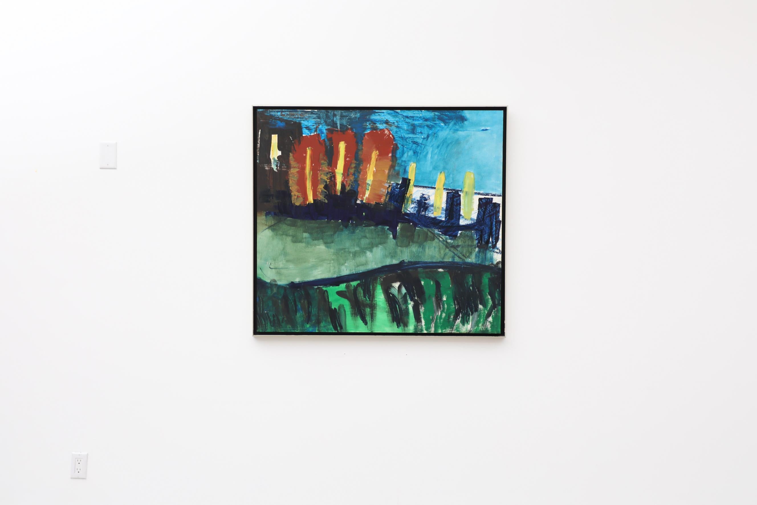 Grande peinture acrylique abstraite sur panneau de bois par Imke Plattel, 1993. Plattel est né en 1960 à Zwolle, aux Pays-Bas, et vit et travaille à Amsterdam. Cette œuvre saisissante présente une abstraction vibrante d'une scène urbaine et est