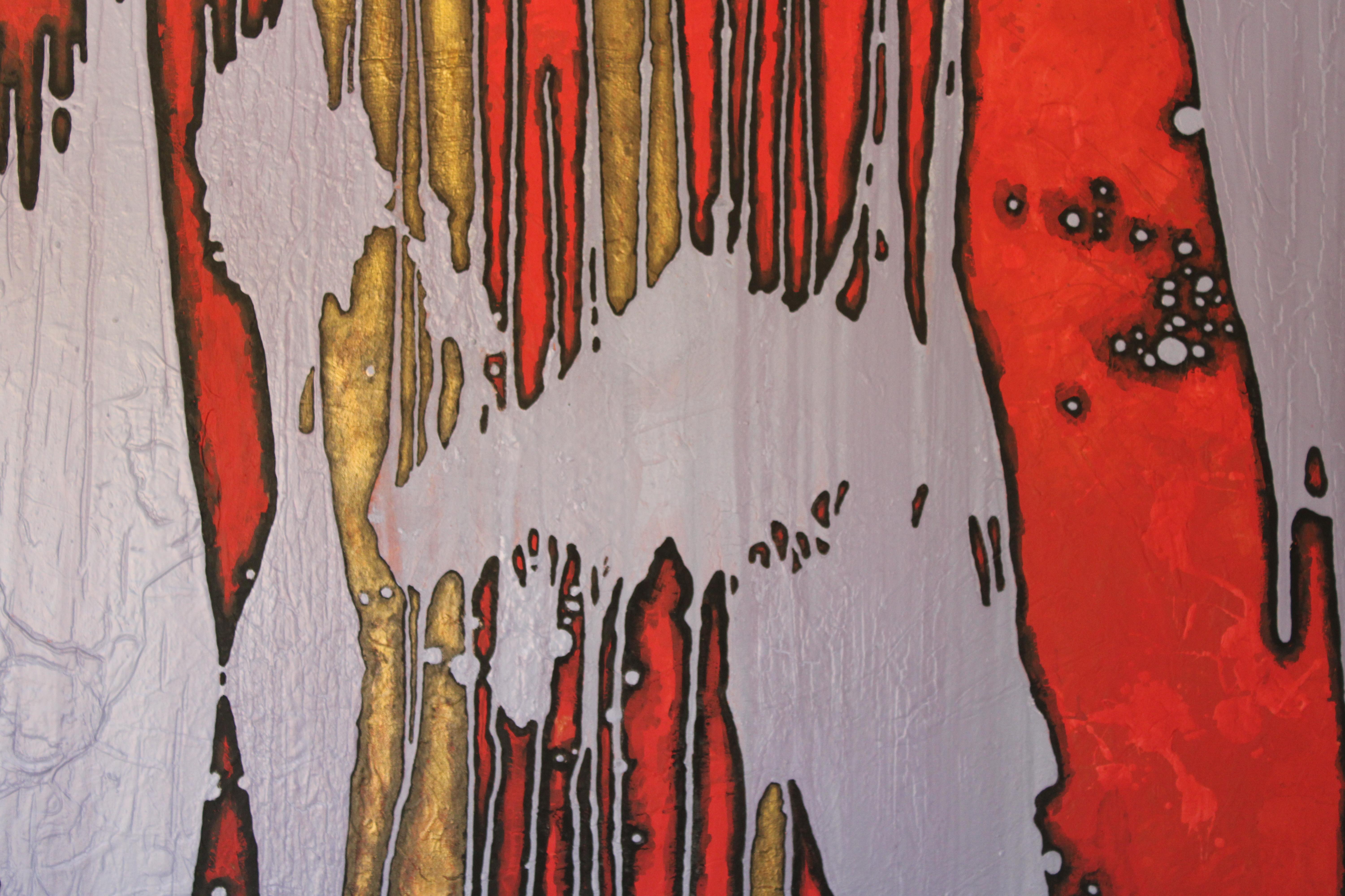 Acrílico abstracto de gran tamaño sobre lienzo. Gruesas aplicaciones de lavanda con carmesí y dorado alrededor. Con mucha textura. Flotador enmarcado. Firmado al dorso 