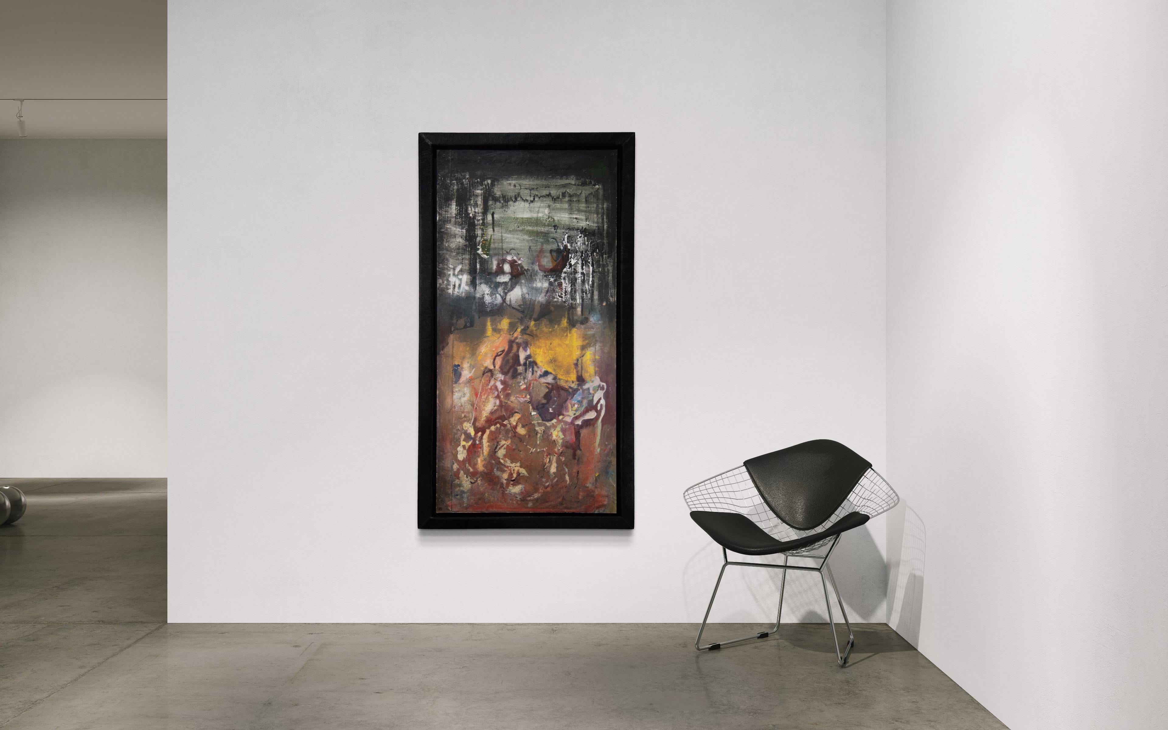 This extremely unique piece by the late Artist, Larry Roberts, was uncovered from the archives and has never been shown.  This piece has an organic shaped paper adhered to the wood, the texture and layers of paint were then hand painted by the