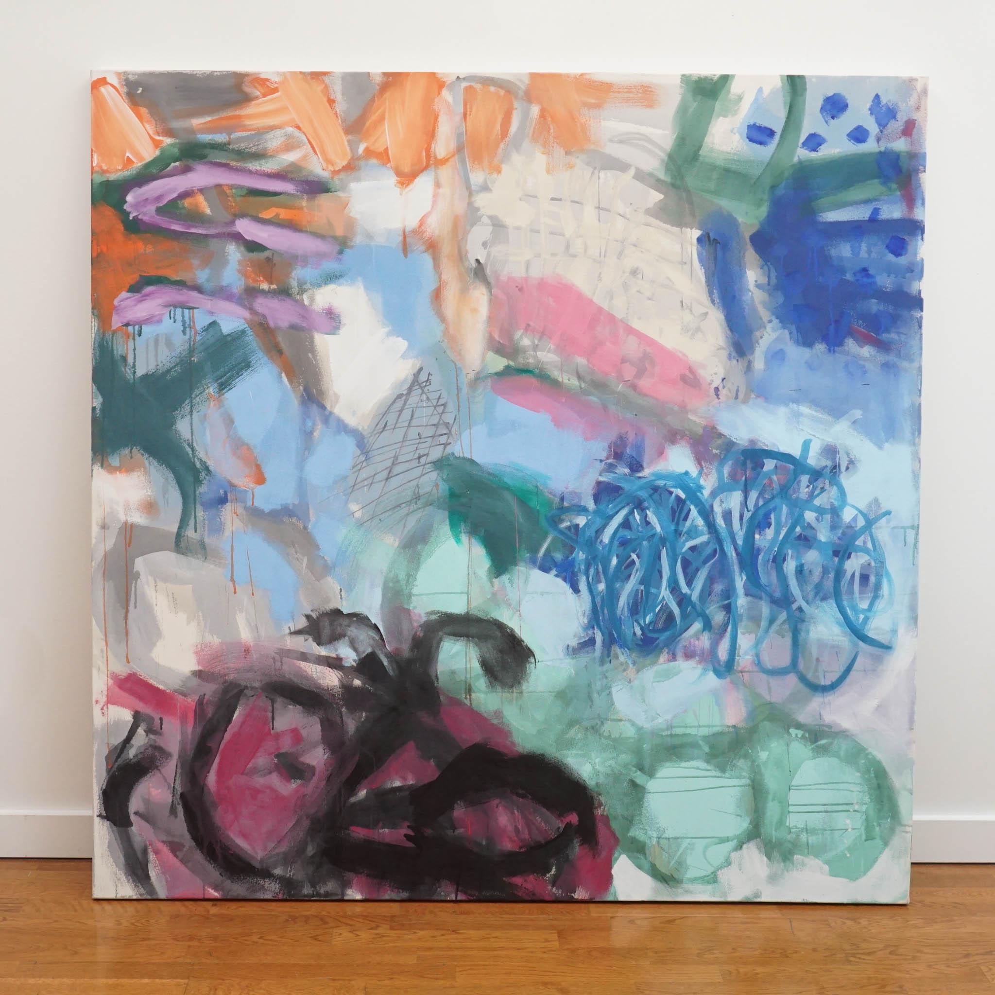 The abstract paintings of Ethan Boisvert often begin with a random sketch and find form and narrative through an overlay of direct painting, drips, homemade print making techniques and stencils. 