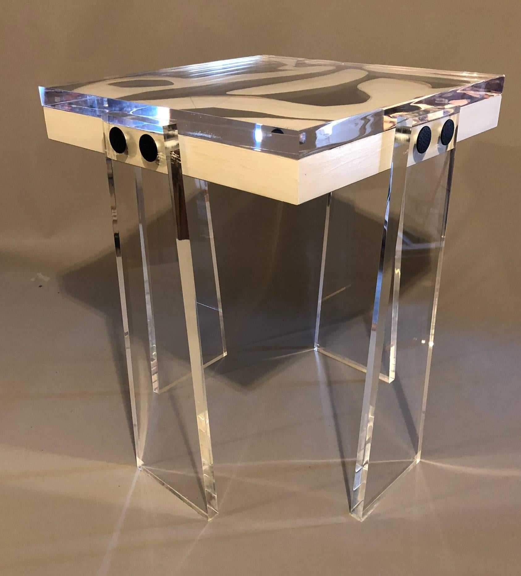 A beautifully handcrafted acrylic table with original signed artwork created by known artist Steve McElroy. Top measures 16 x 16 inches and legs are 25 inches tall. Legs may be requested custom any height at no extra charge. Top is 1 inch acrylic,