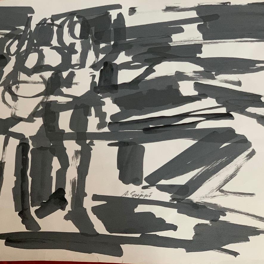 Mid-Century Modern Abstract Action Painting, Black & White Pen & Ink on paper by Salvatore Grippi