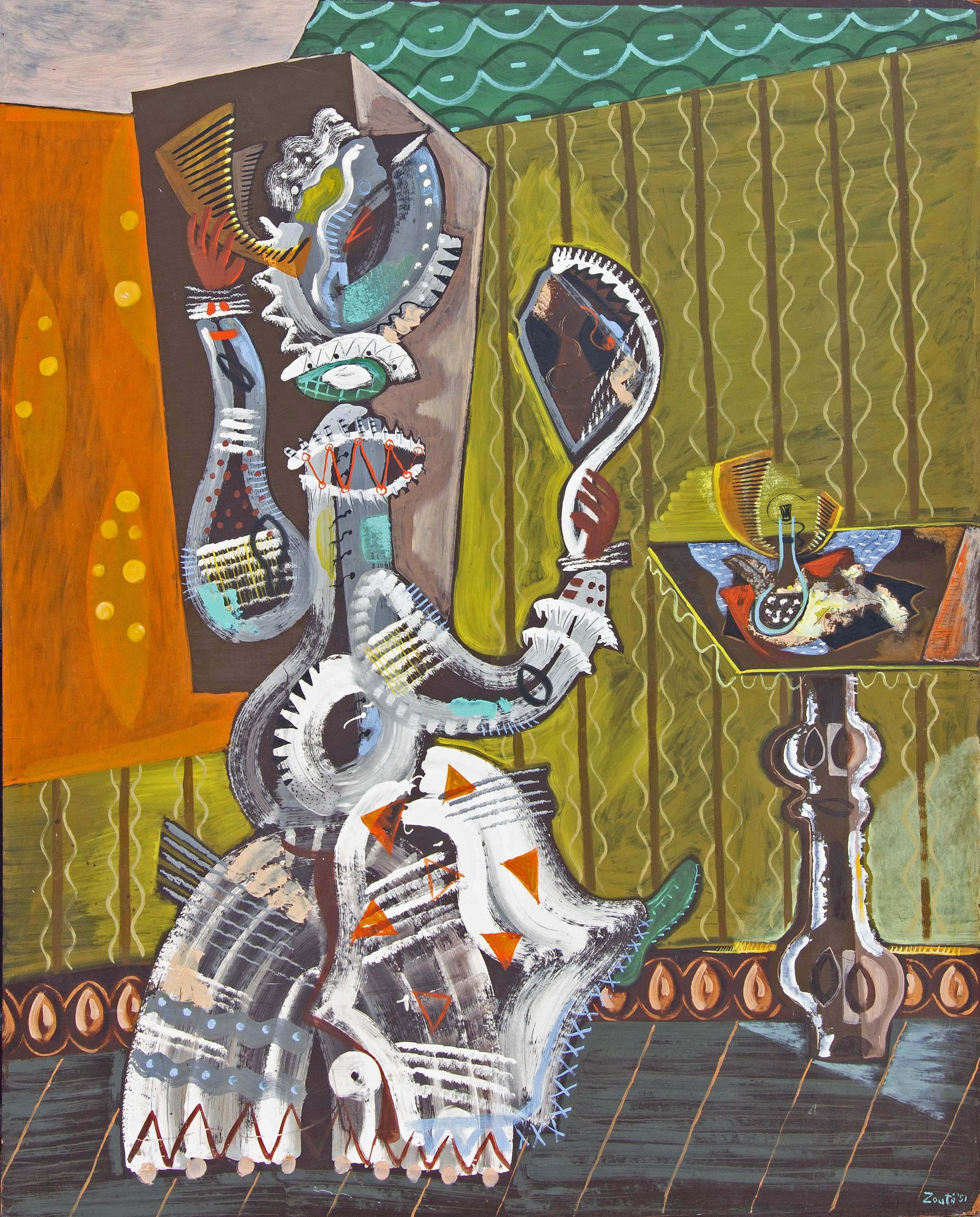 Peinture à l'huile moderniste abstraite de Zoute datée de 1951. Huile sur Masonite. Je crois que le sujet du tableau est la femme de l'artiste, Thelma Salter. Zoute s'est presque exclusivement servi de lui-même et de sa femme comme modèles. Peint en