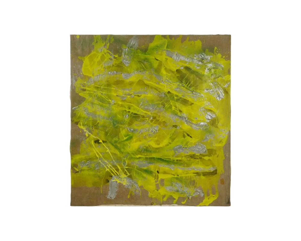 Elyssa Rundle, American, 1932 to 1994, an Abstract Expressionist painting in oil on canvas. The artwork depicts an impressive composition in yellowish green with relief silver splashes. Elyssa Rundle graduated in 1975 with a Bachelor of Fine Arts in