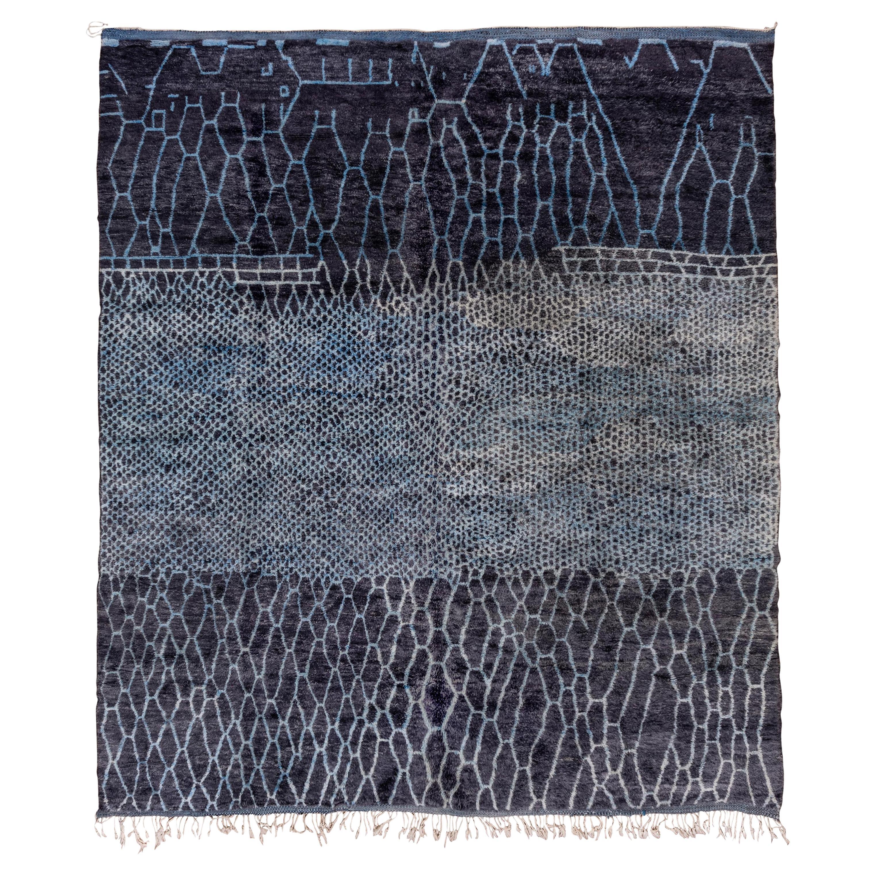 Abstract and Contemporary Dark Navy and Light Blue Moroccan Rug