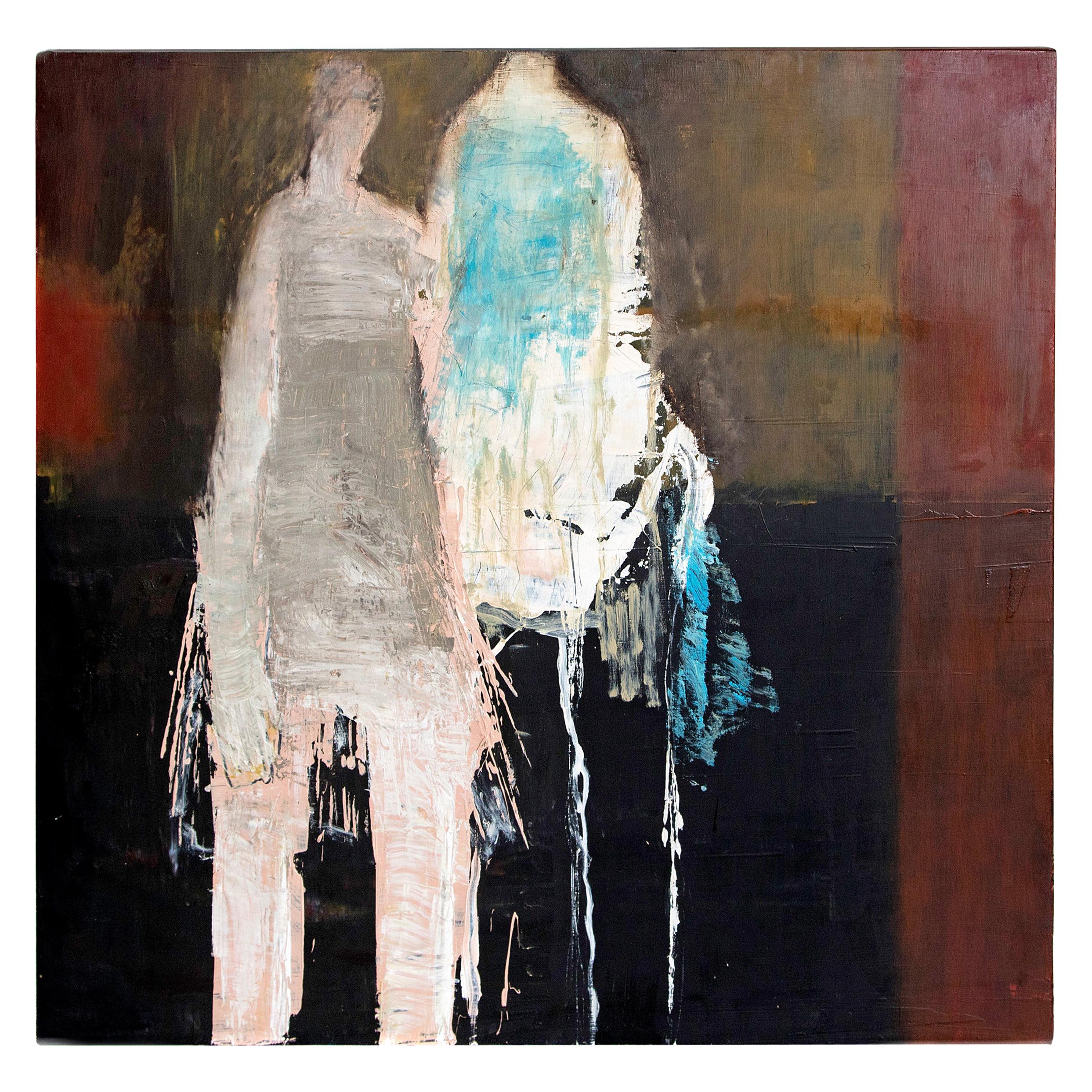 Olio astratto e figurativo su tavola di Brigitte McReynolds "Coppia in blu"