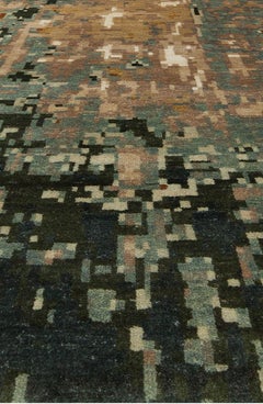 Abstract and Silk Rug in Tan, Teal "Moss Grid" by Doris Leslie Blau