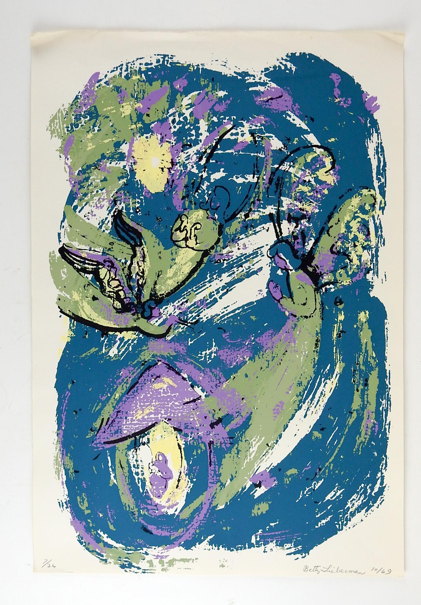Modern Abstract Angels Teal, Green & Purple Serigraph For Sale