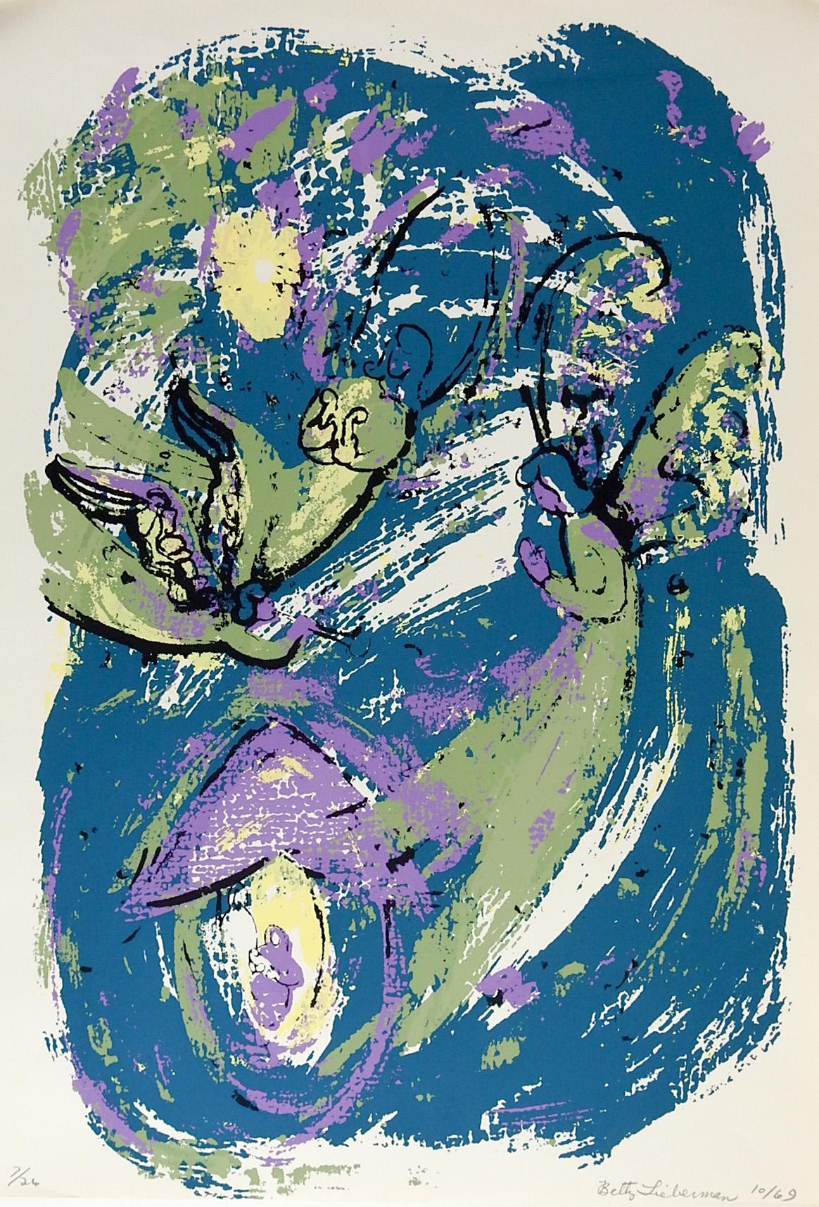 American Abstract Angels Teal, Green & Purple Serigraph For Sale