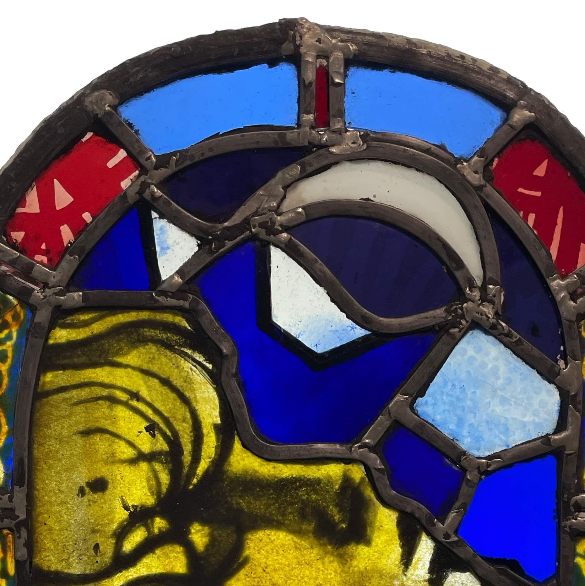 English Abstract Arched Stained Glass Window For Sale