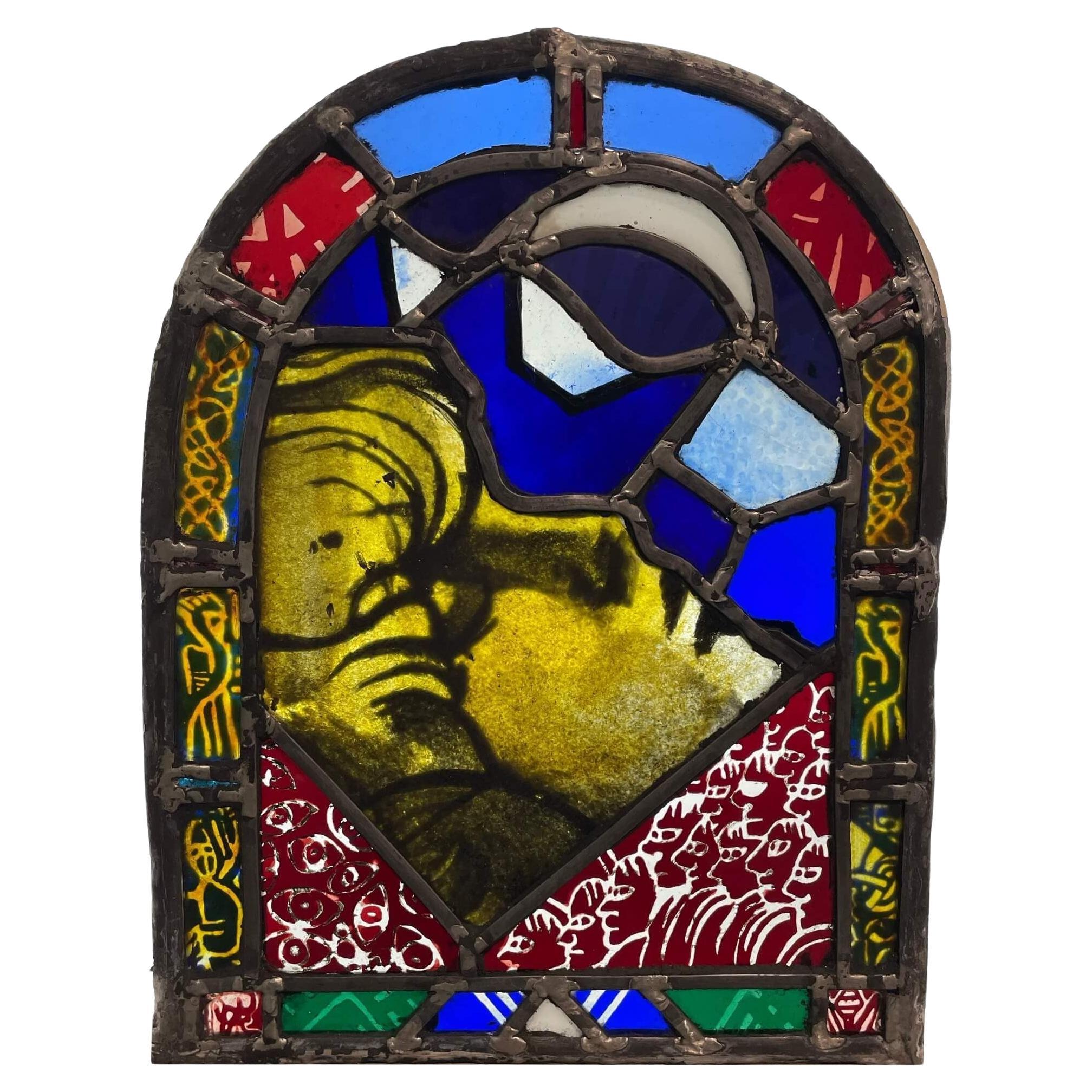 Abstract Arched Stained Glass Window For Sale