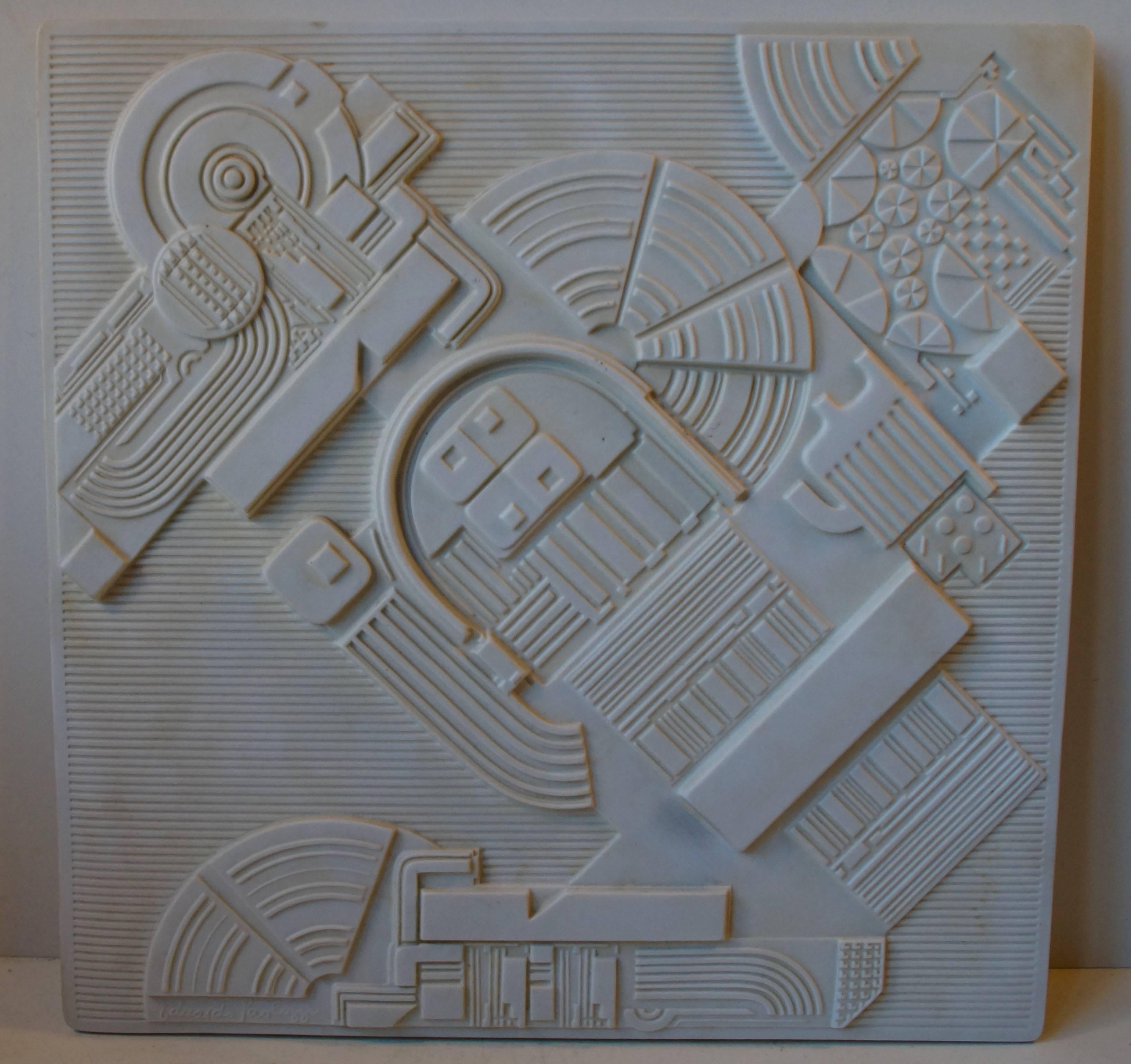 Wall hung bisque porcelain year plate, 1978 designed by Eduardo Paolozzi (1924-2005) for Rosenthal, Germany. Number 549 from a limited series of 3000. The 'Motif' in his distinct style; Surrealism combined with architectural components derived