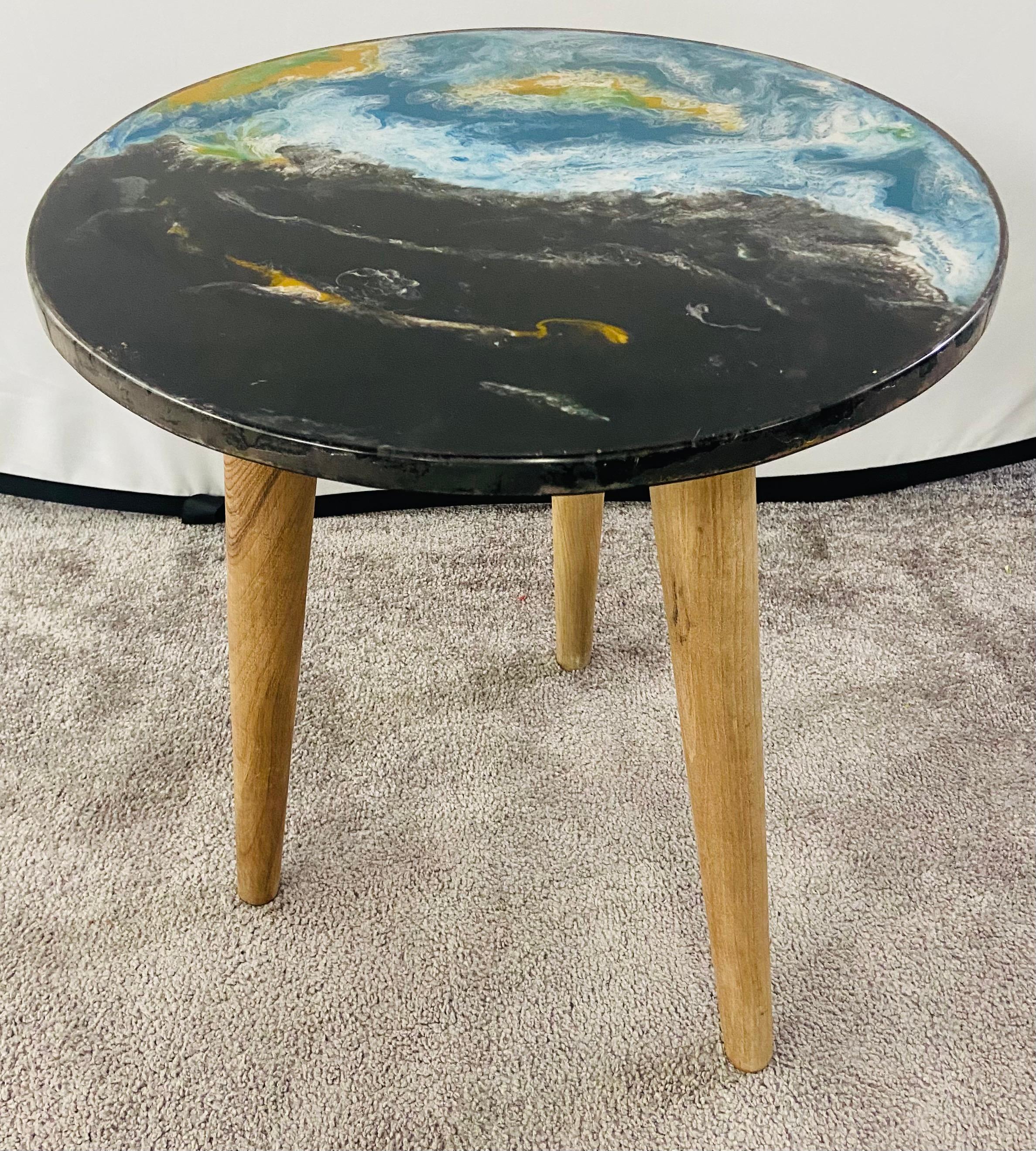 Abstract Art Design Epoxy Resin Top & Walnut Legs, End or Side Table, a Pair For Sale 7